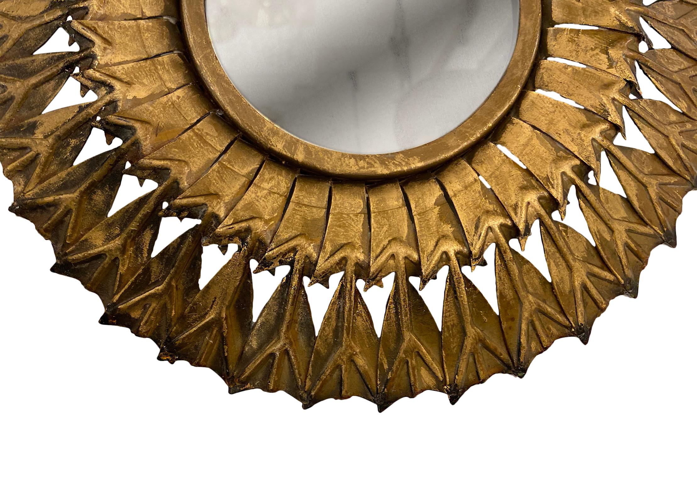 European Midcentury Gilt Metal Sunburst Mirror For Sale