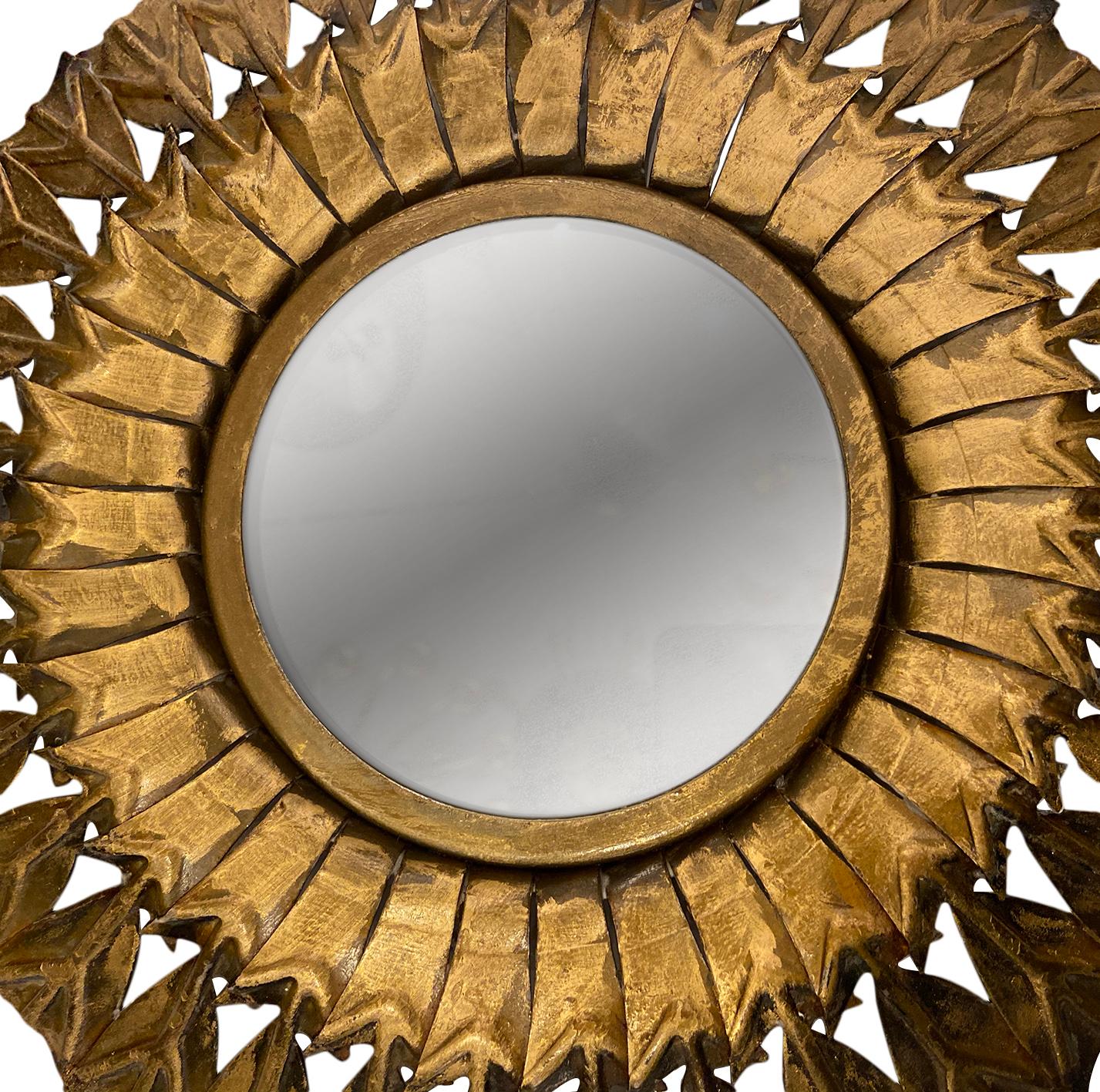 Midcentury Gilt Metal Sunburst Mirror In Good Condition For Sale In New York, NY