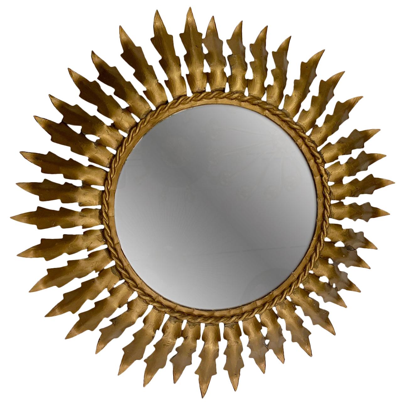 Espejo Sunburst de Metal Dorado de Mediano Siglo