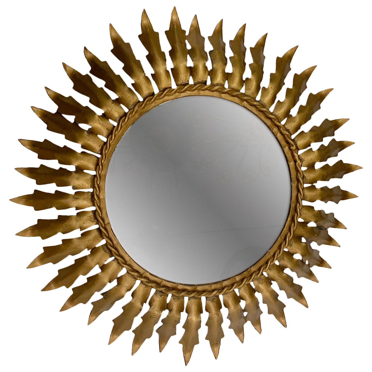 Midcentury Gilt Metal Sunburst Mirror For Sale