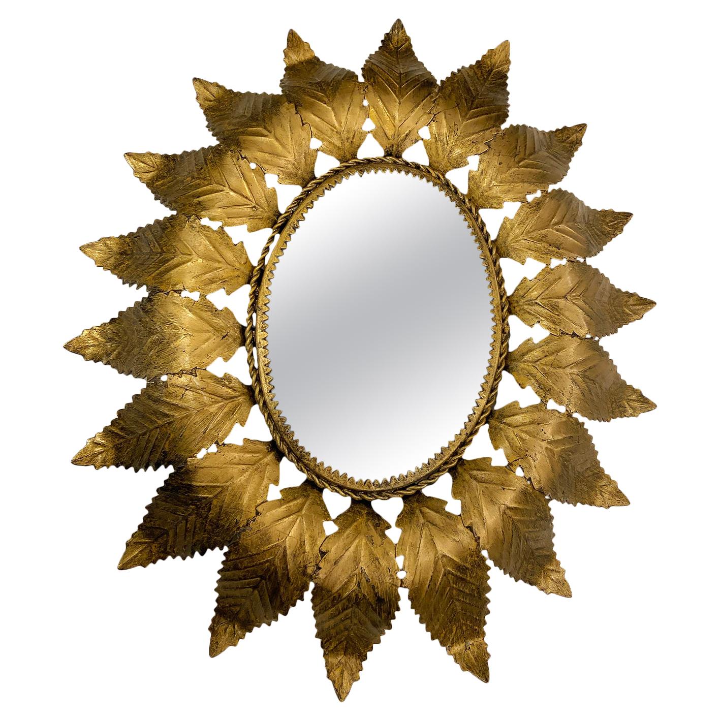 Midcentury Gilt Metal Sunburst Mirror For Sale