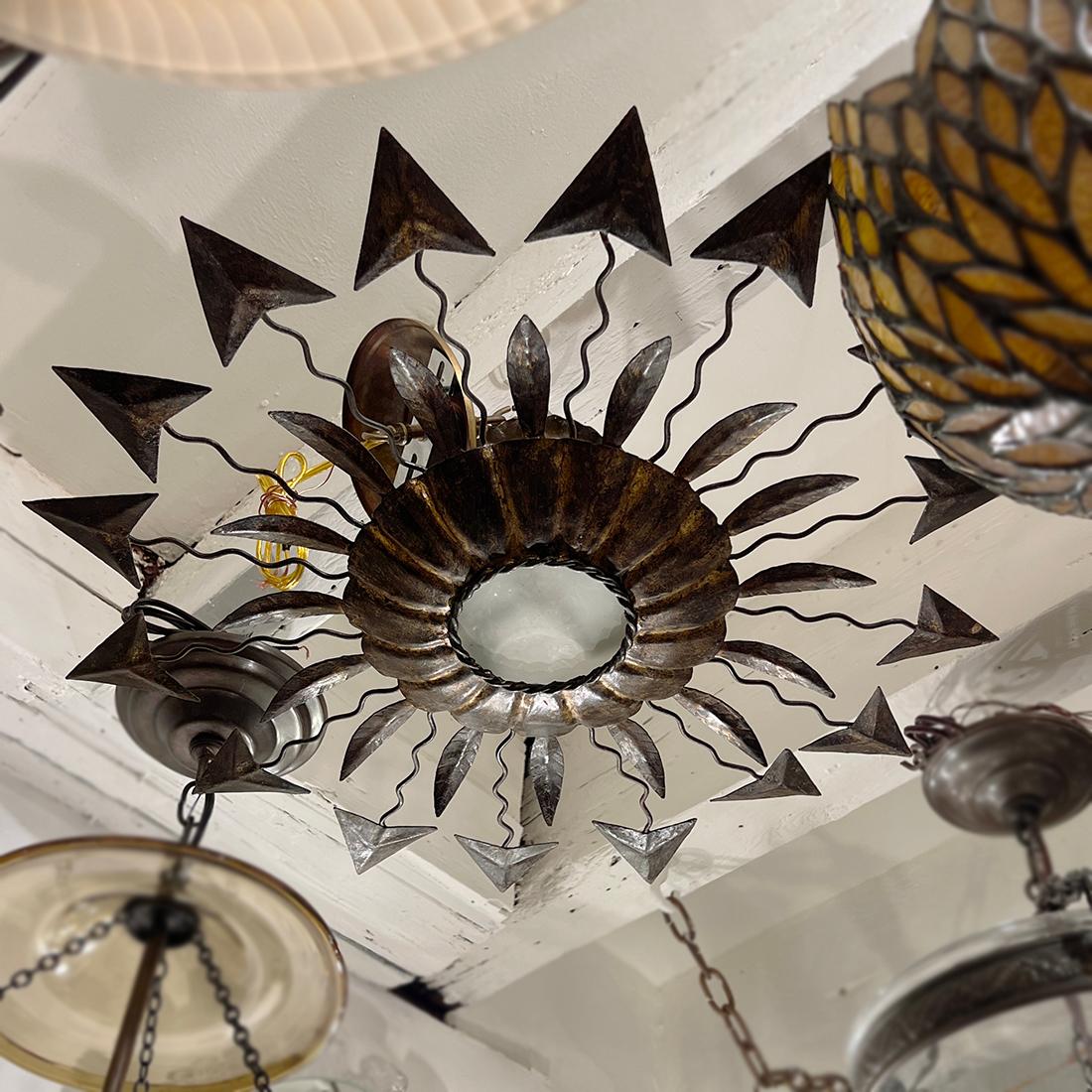 Metal Midcentury Gilt Sunburst Light Fixture For Sale