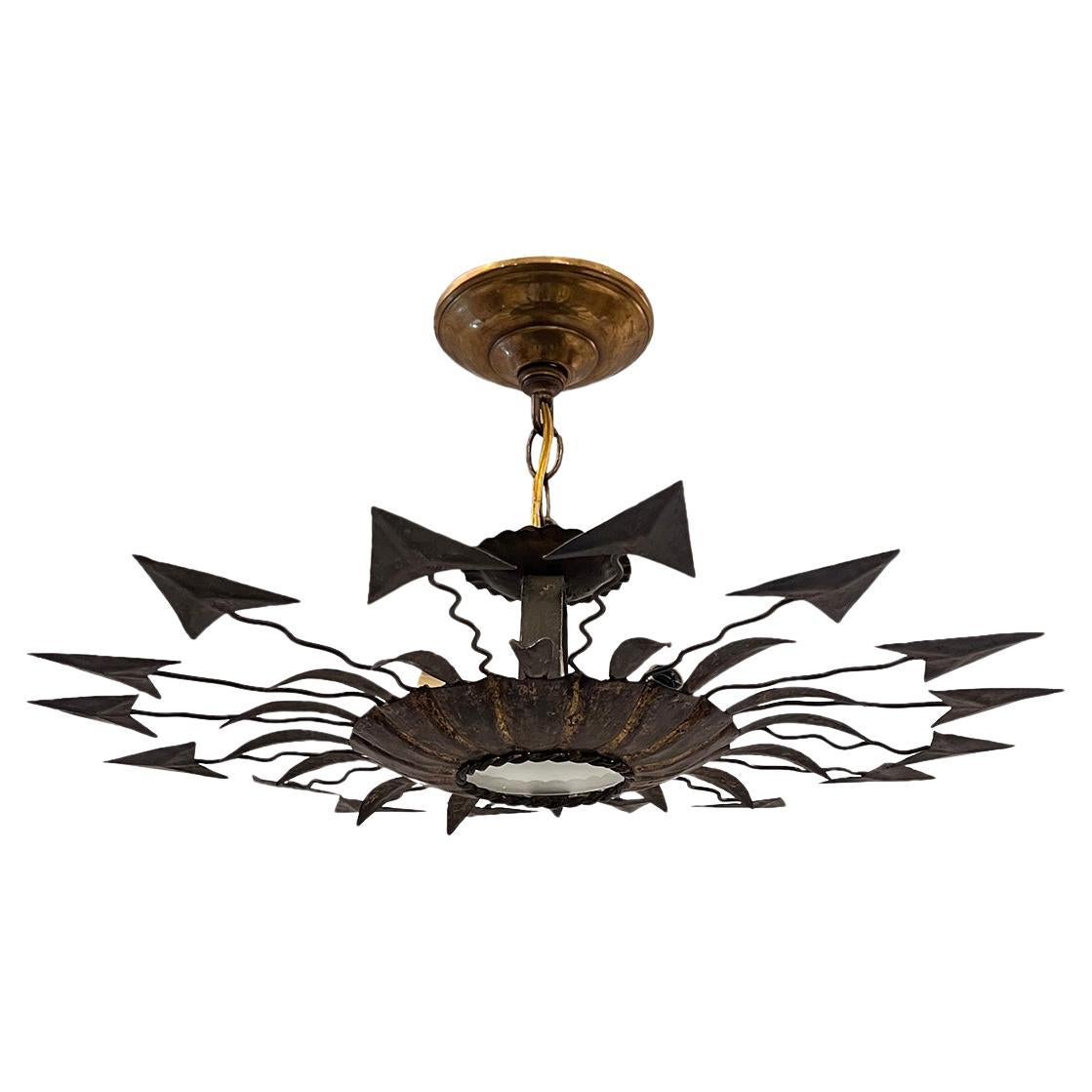 Midcentury Gilt Sunburst Light Fixture For Sale