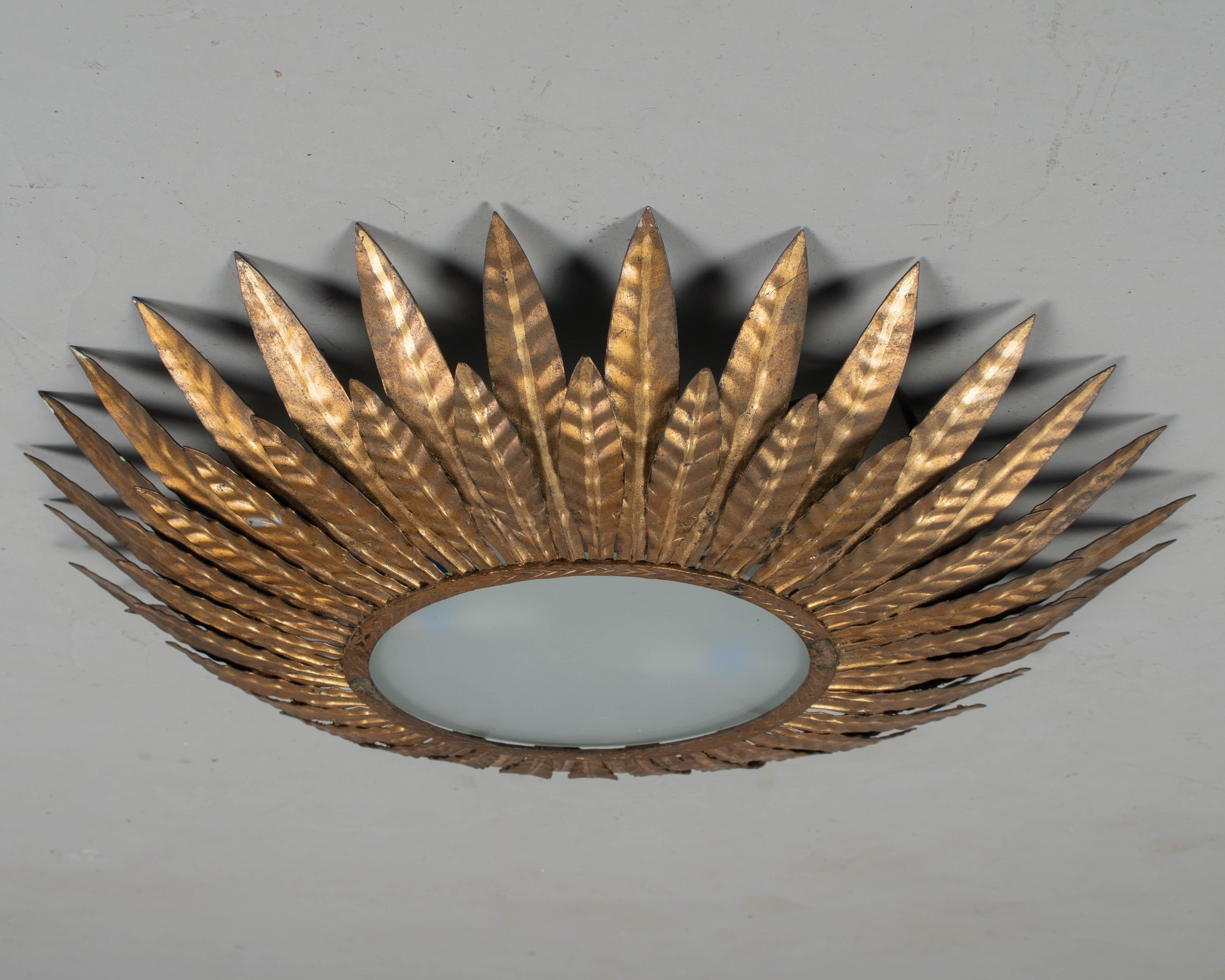 Midcentury Gilt Tôle Sunburst Ceiling Light or Wall Sconce In Good Condition For Sale In Winter Park, FL