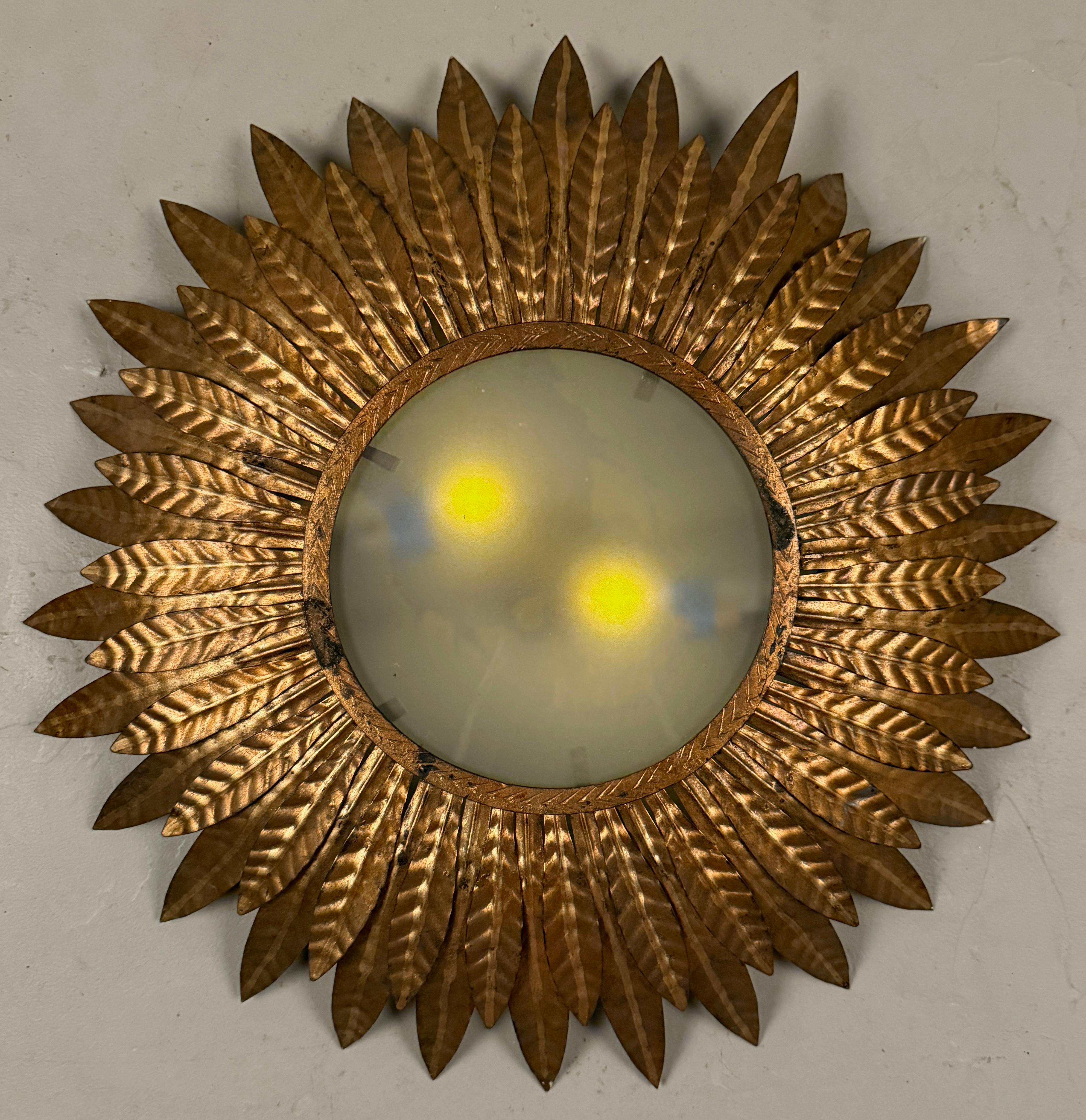 Midcentury Gilt Tôle Sunburst Ceiling Light or Wall Sconce For Sale 1