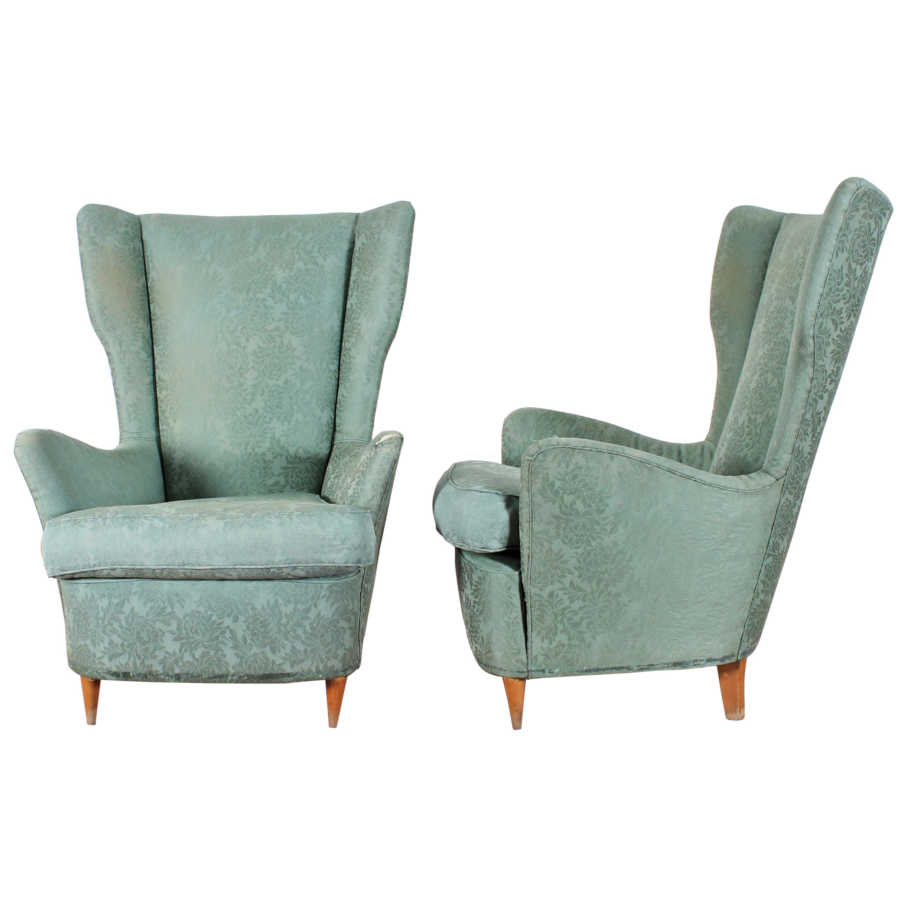 Midcentury Gio Ponti for ISA Pair of Armchairs Green Fabric, Italy, 1950s