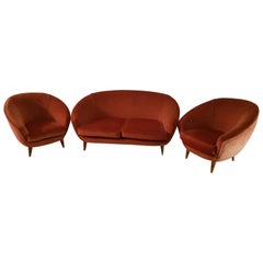 Midcentury Sofà In the Style of Giò Ponti, Coral Velvet Armchairs 1950 set of 3