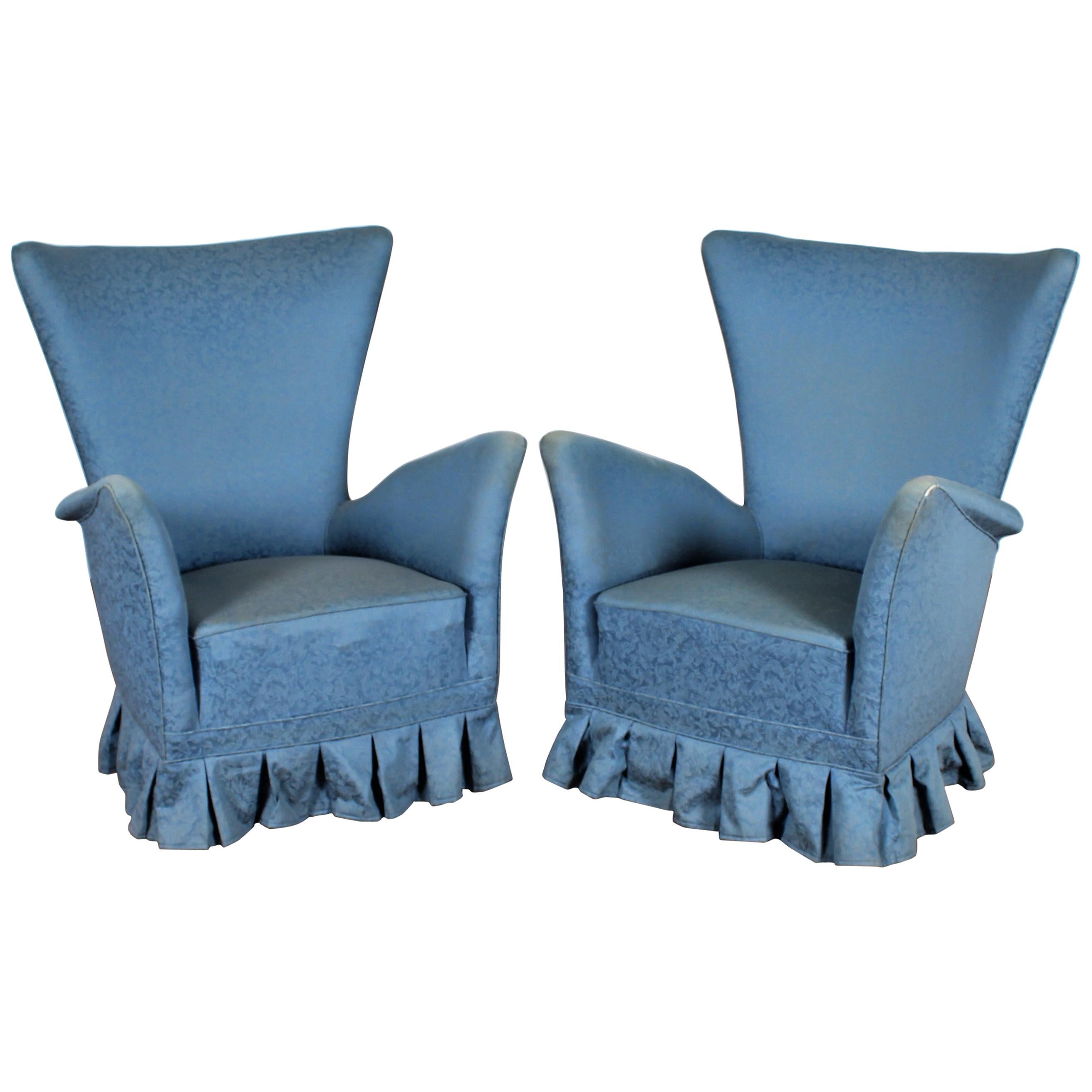 Midcentury Gio Ponti Style Blue Fabric Armchair, Set of 2, 1950s, Italy