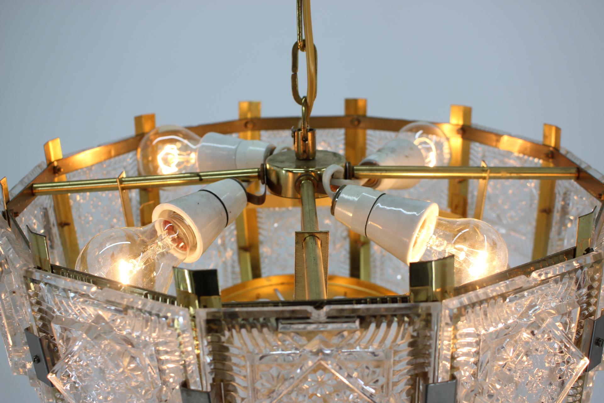 Midcentury Glass and Brass Chandelier by Kamenicky Senov, 1970s In Excellent Condition In Praha, CZ