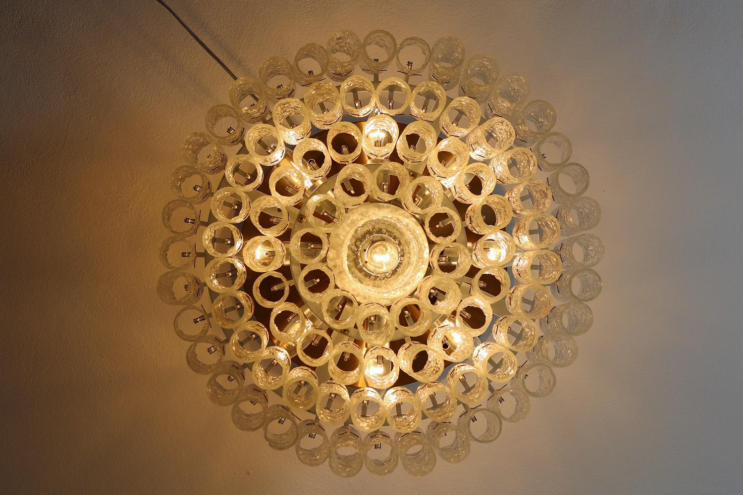 Midcentury Glass and Brass Flush Mount Chandelier by Doria Germany, 1960s 5