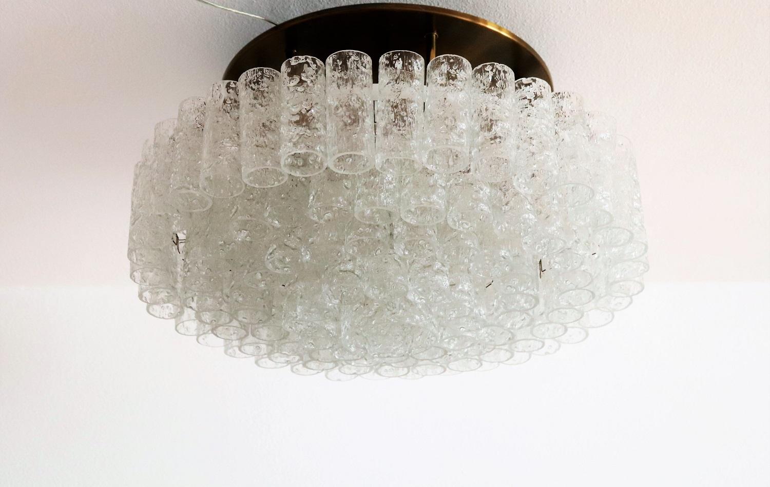 Midcentury Glass and Brass Flush Mount Chandelier by Doria Germany, 1960s 6