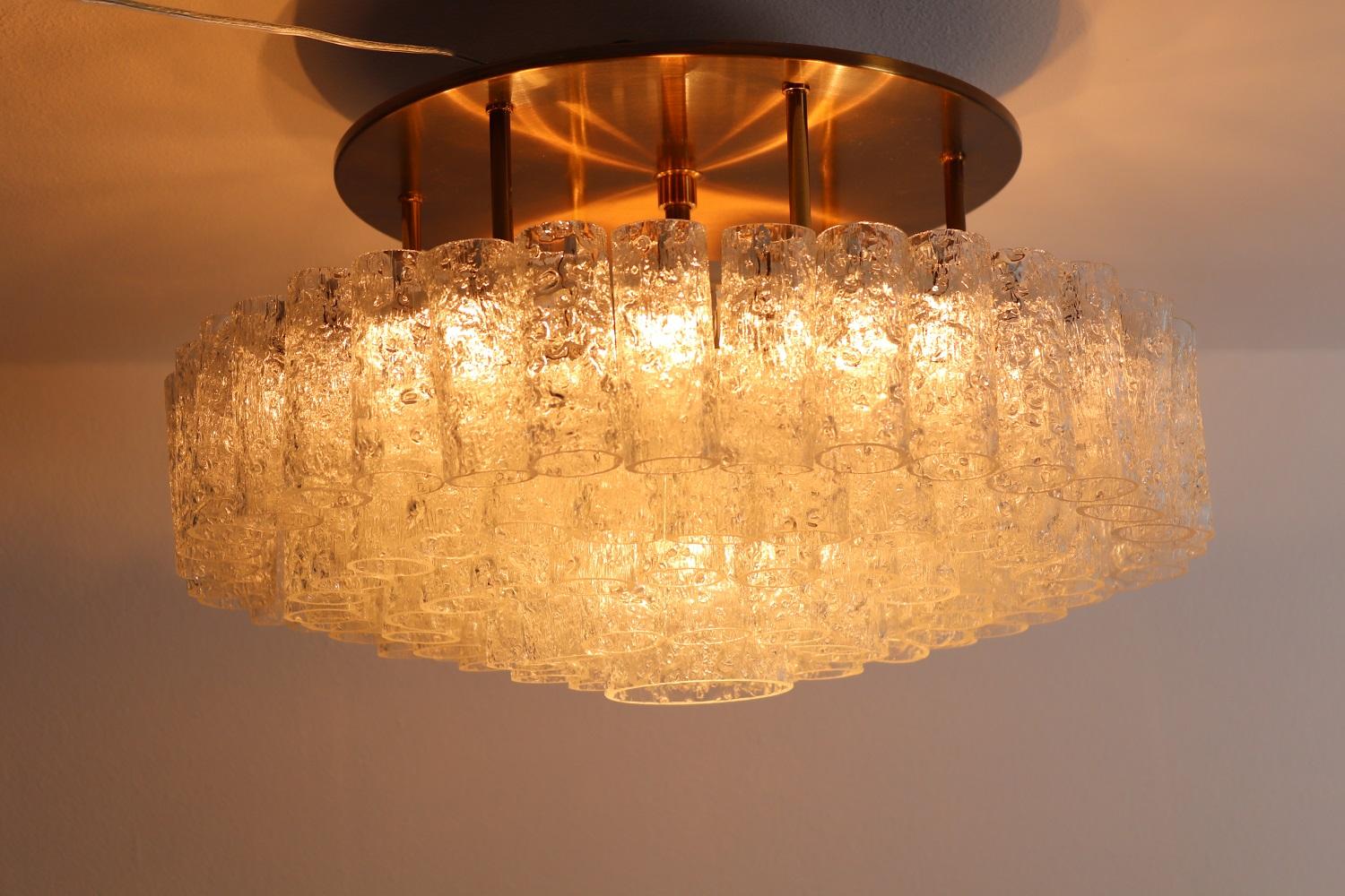 Midcentury Glass and Brass Flush Mount Chandelier by Doria Germany, 1960s 7