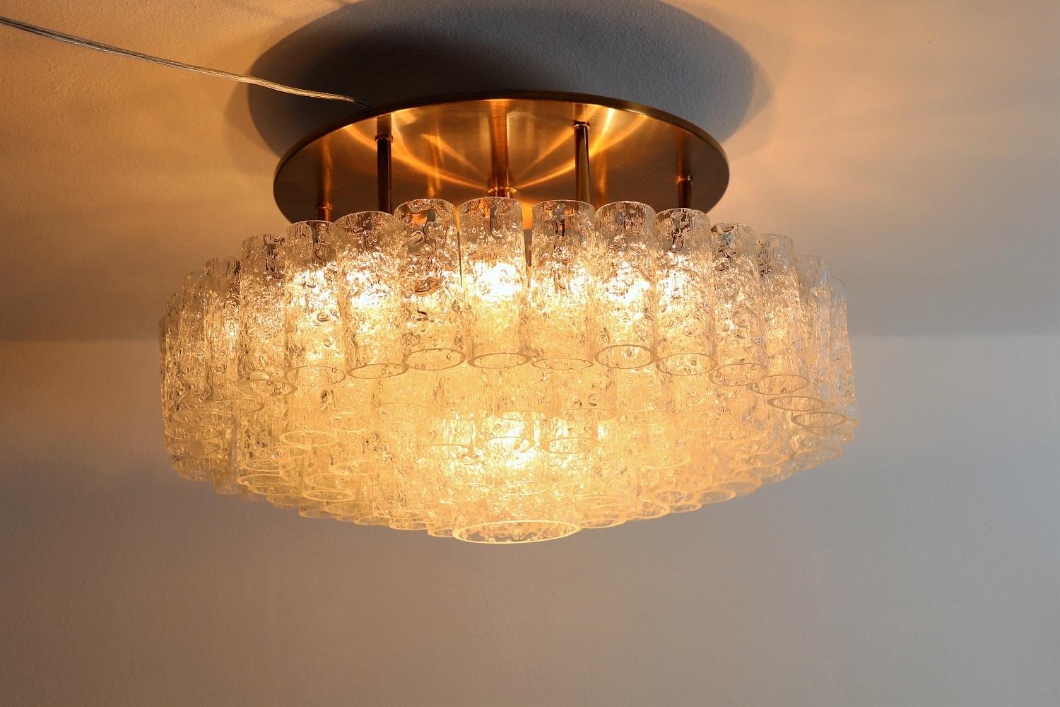 Midcentury Glass and Brass Flush Mount Chandelier by Doria Germany, 1960s 8