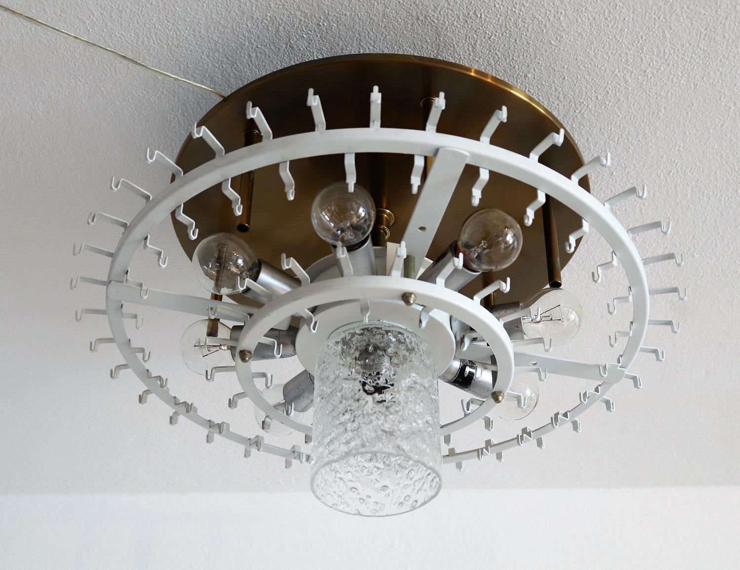 Midcentury Glass and Brass Flush Mount Chandelier by Doria Germany, 1960s 9