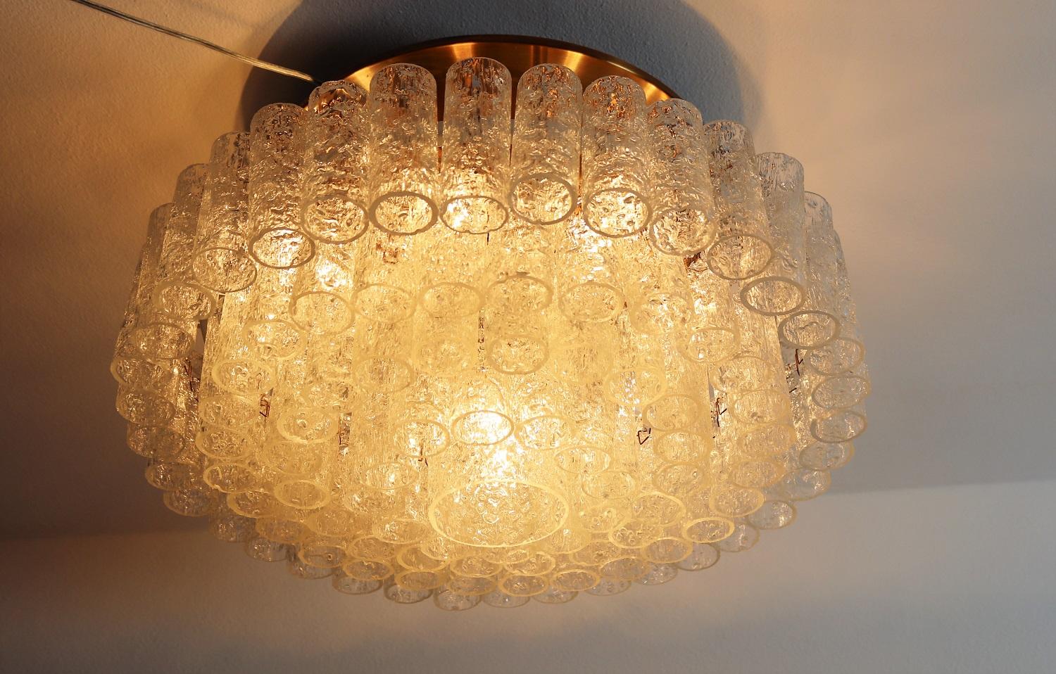 Mid-Century Modern Midcentury Glass and Brass Flush Mount Chandelier by Doria Germany, 1960s