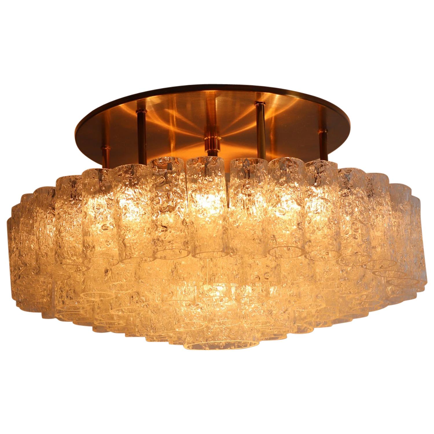 Midcentury Glass and Brass Flush Mount Chandelier by Doria Germany, 1960s