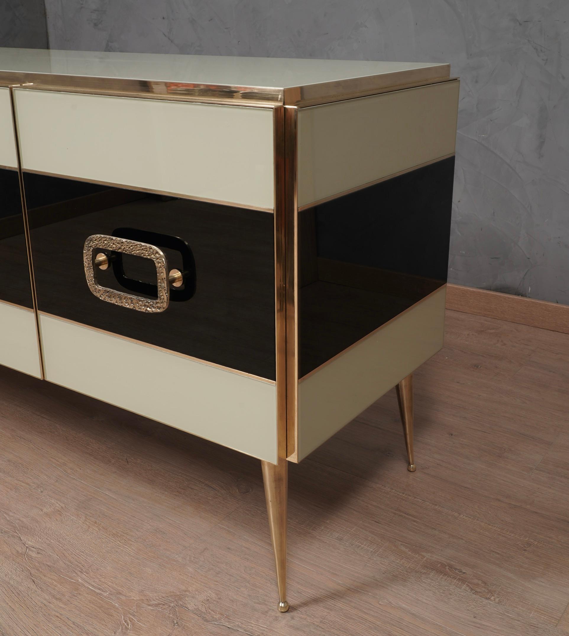 Mid-Century Modern MidCentury Inspired Glass and Brass Italian Sideboard, 2000 For Sale