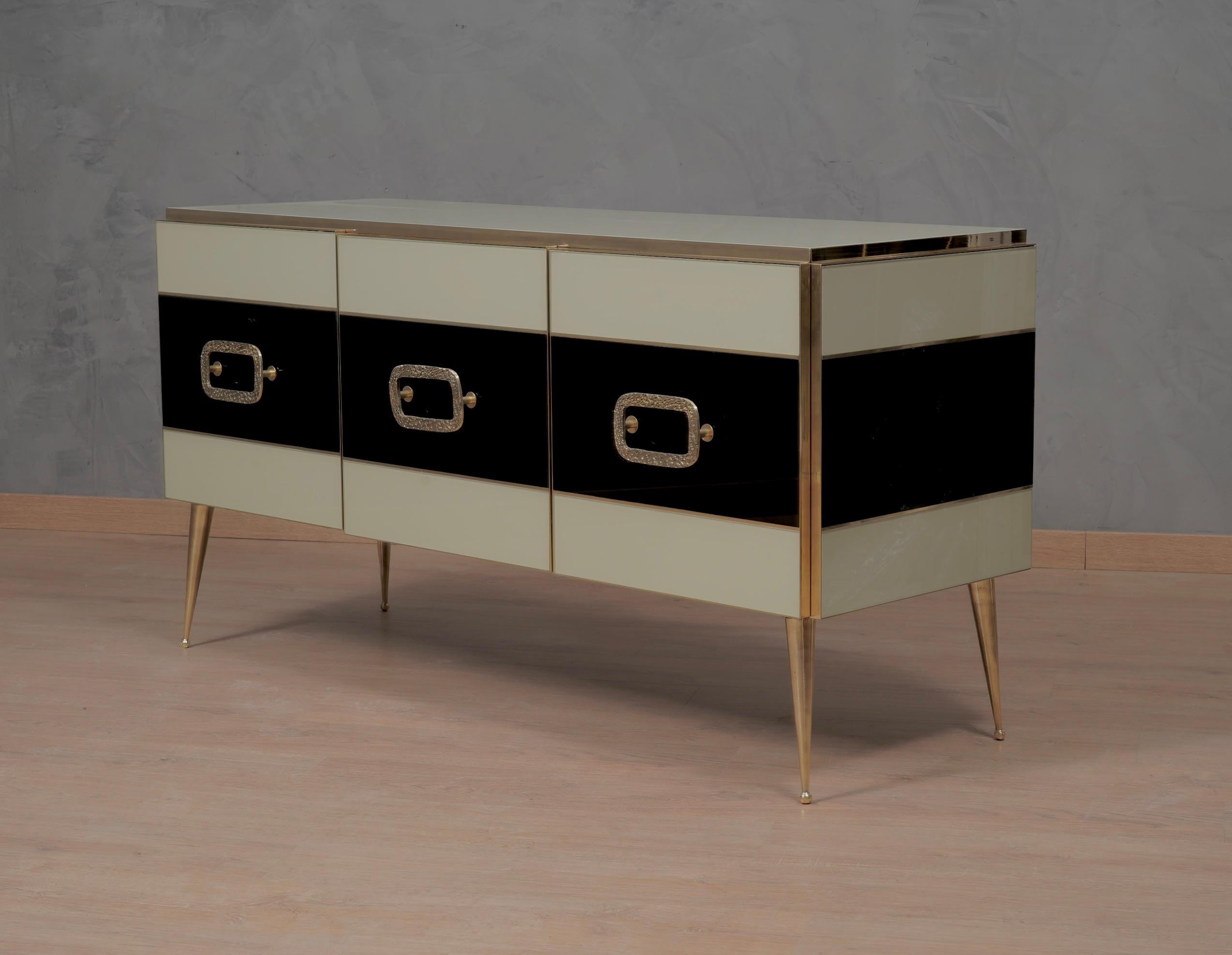 Contemporary MidCentury Inspired Glass and Brass Italian Sideboard, 2000 For Sale