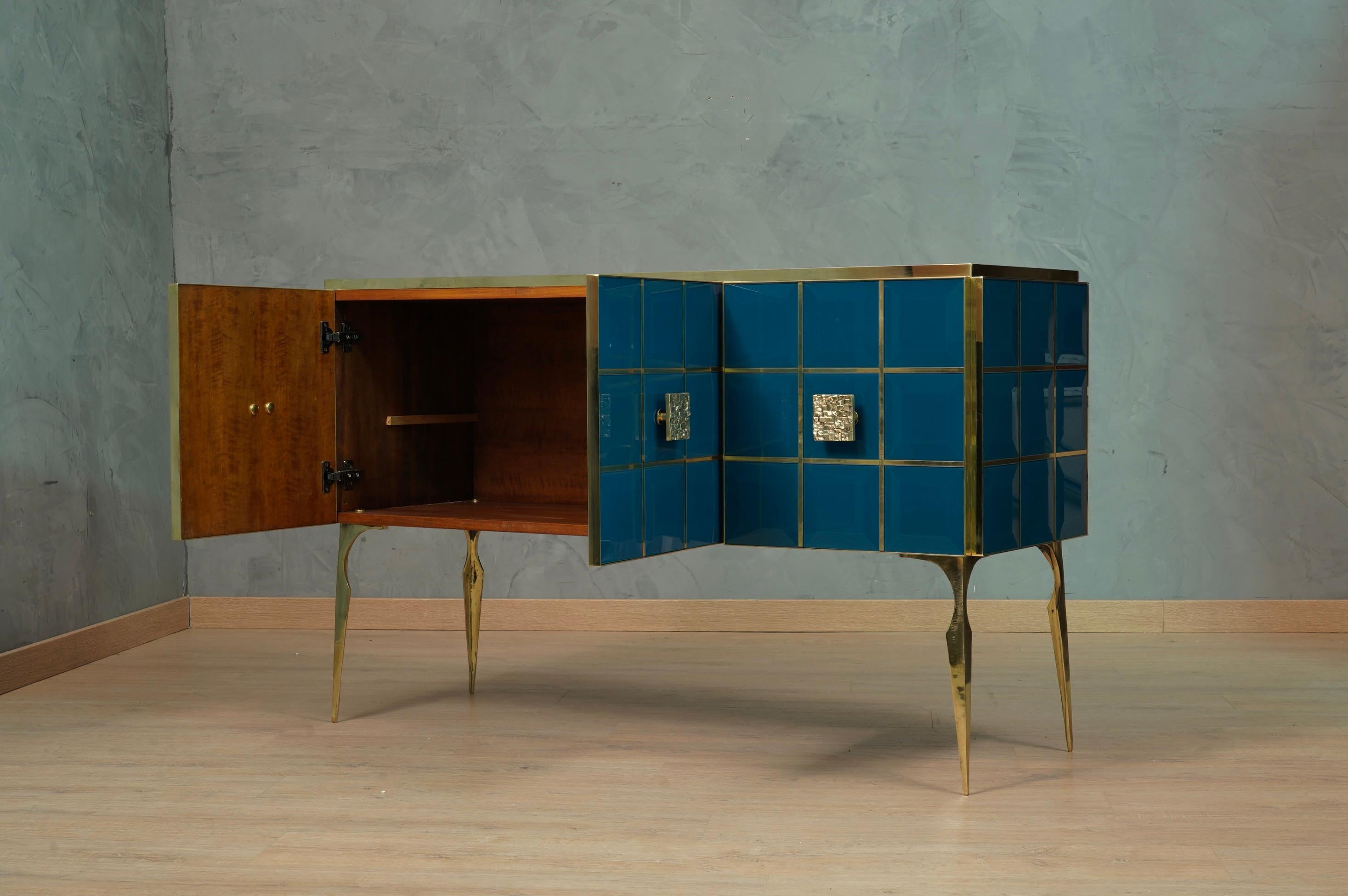 Mid-Century Modern MidCentury Inspired Glass and Brass Italian Sideboard, 2020 For Sale