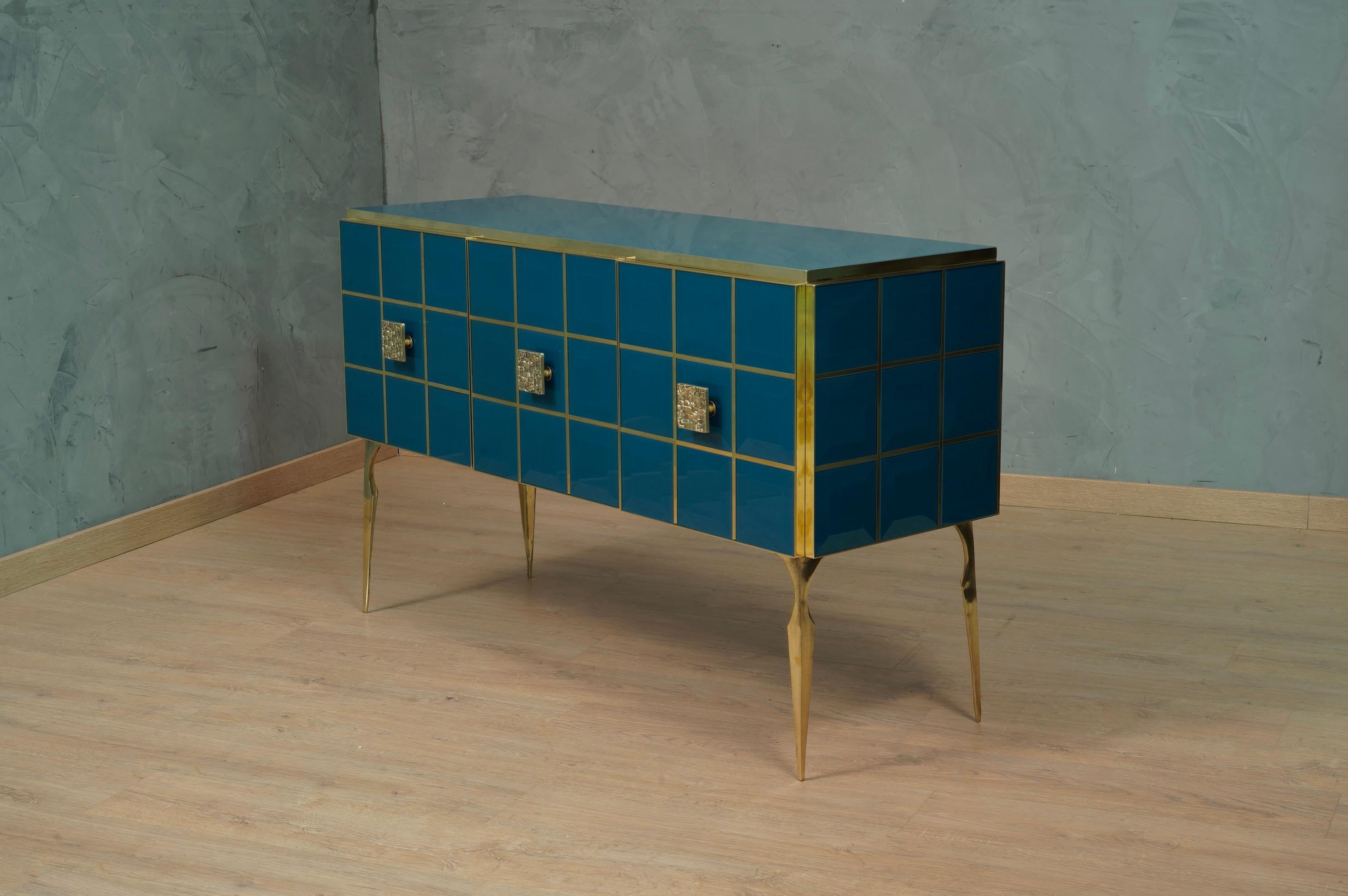 Contemporary MidCentury Inspired Glass and Brass Italian Sideboard, 2020 For Sale