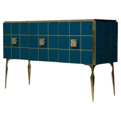 Credenza italiana in vetro e ottone di ispirazione MidCentury, 2020