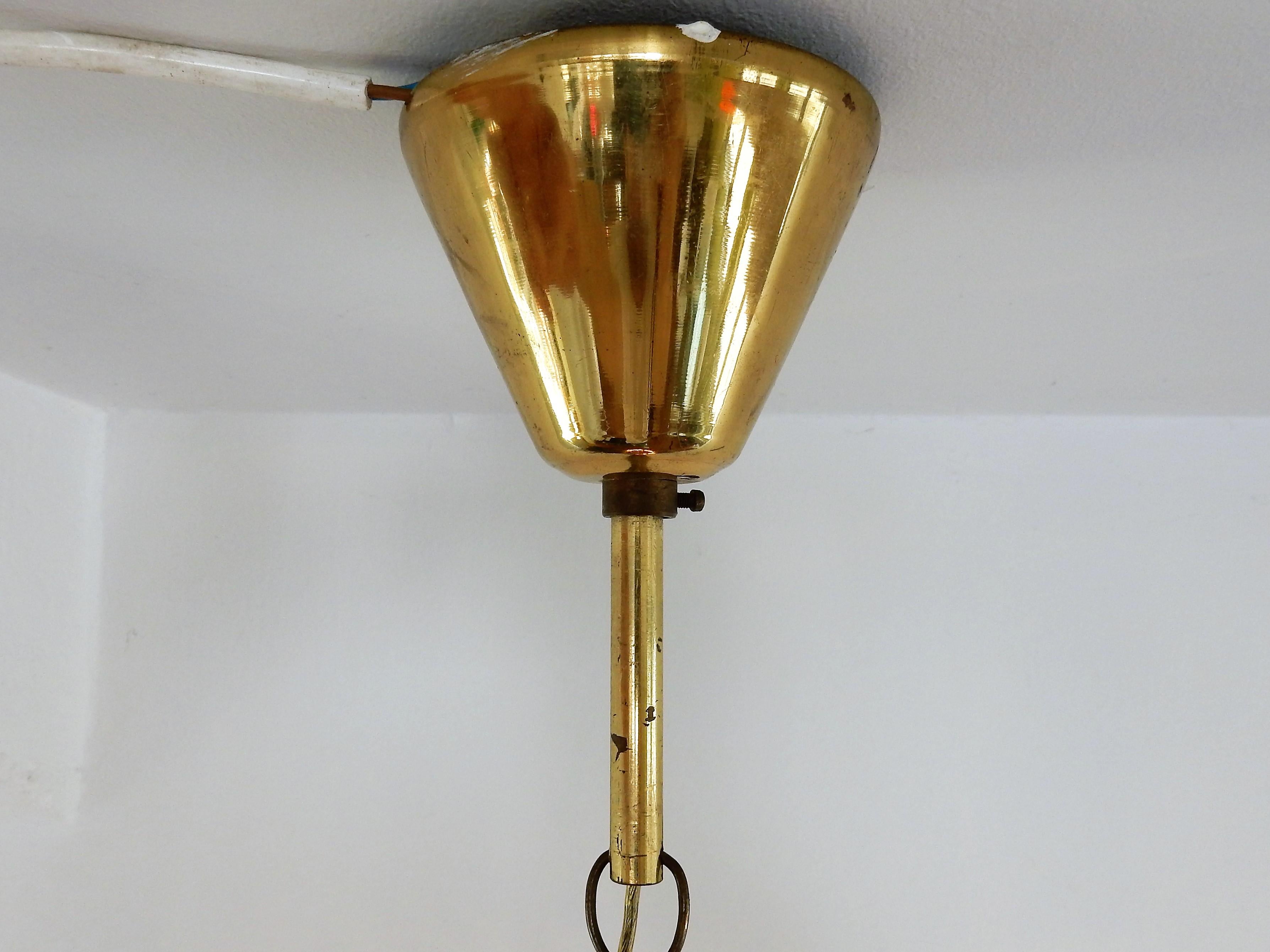 European Midcentury Glass and Brass Pendant Lamp