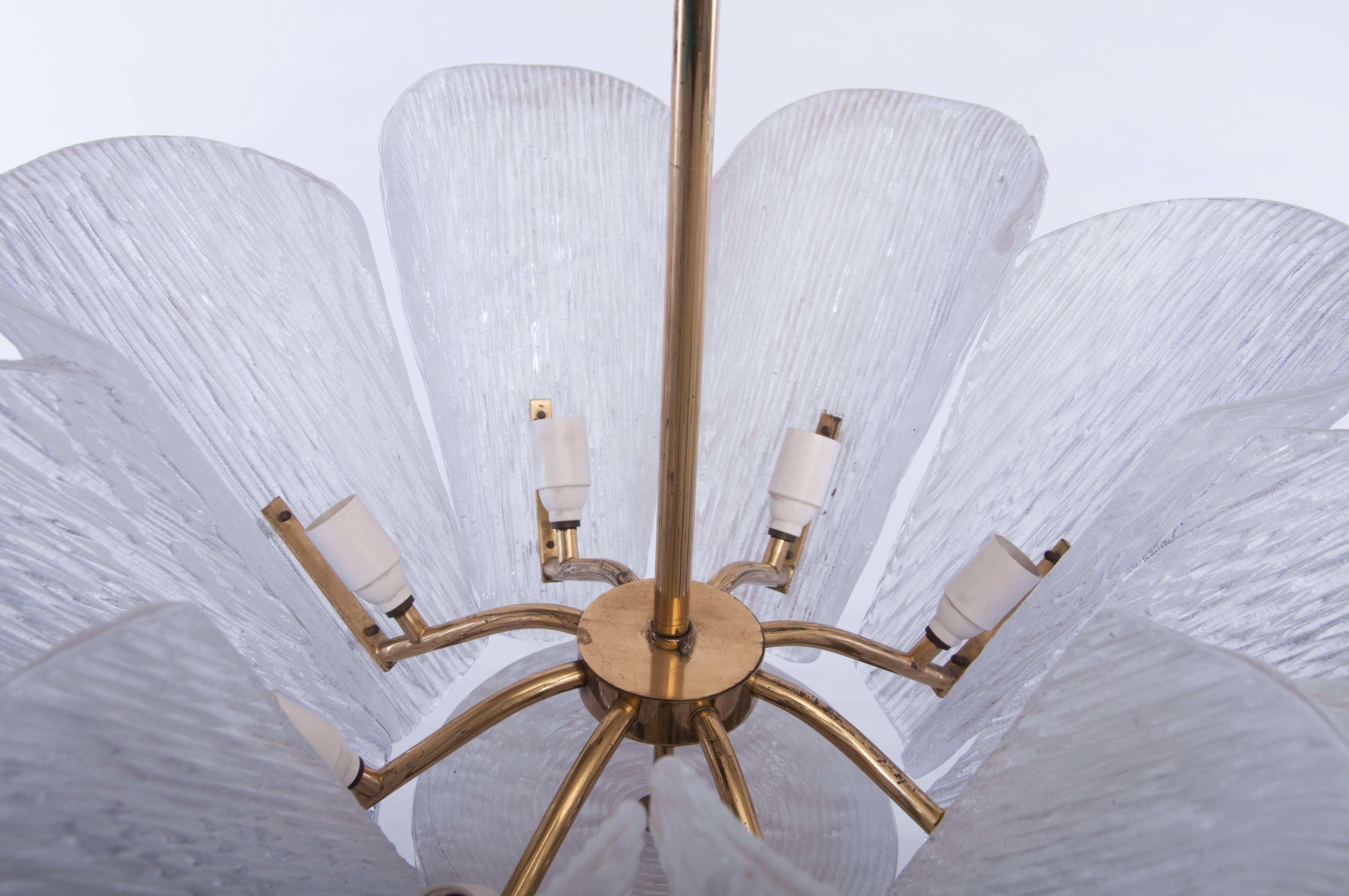 Mid-20th Century Midcentury Glass and Brass Viennese Pendant Light Chandelier by Kalmar For Sale