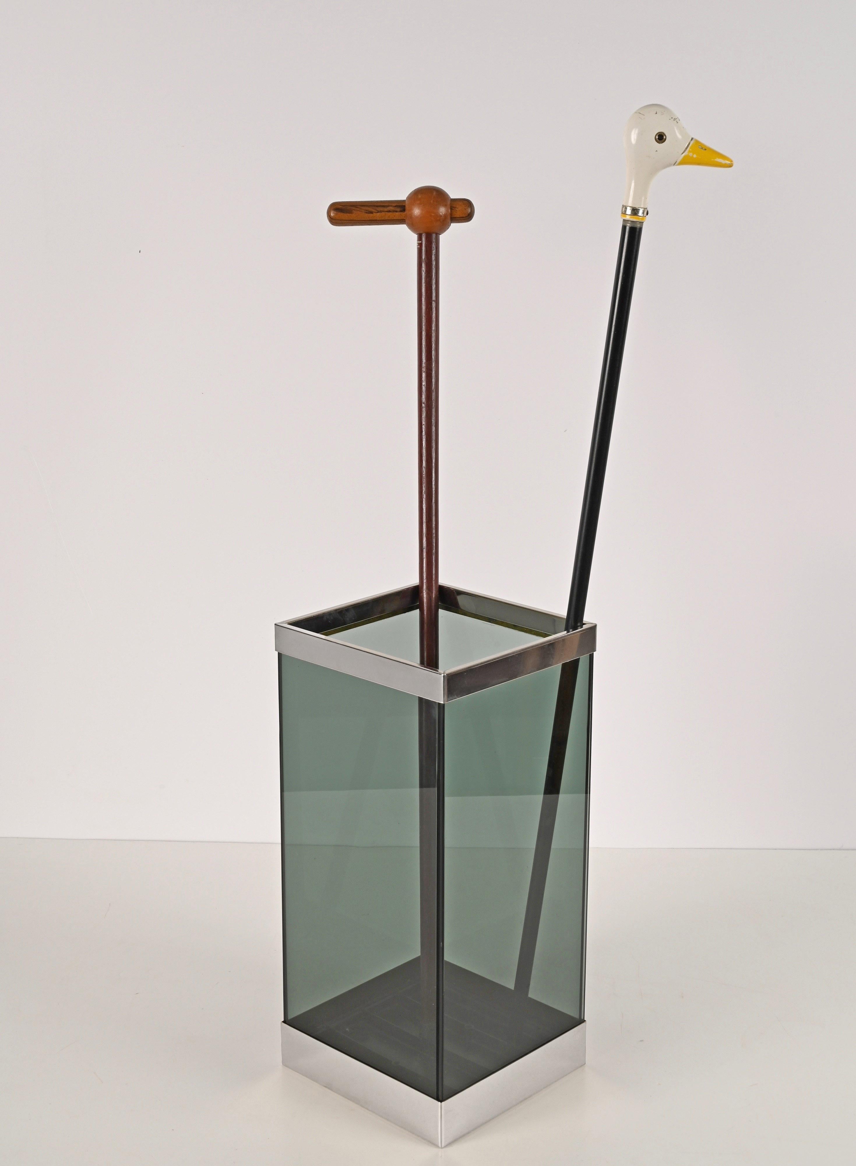 Midcentury Glass and Chrome Italian Umbrella Stand in Willy Rizzo Style, 1970s For Sale 6