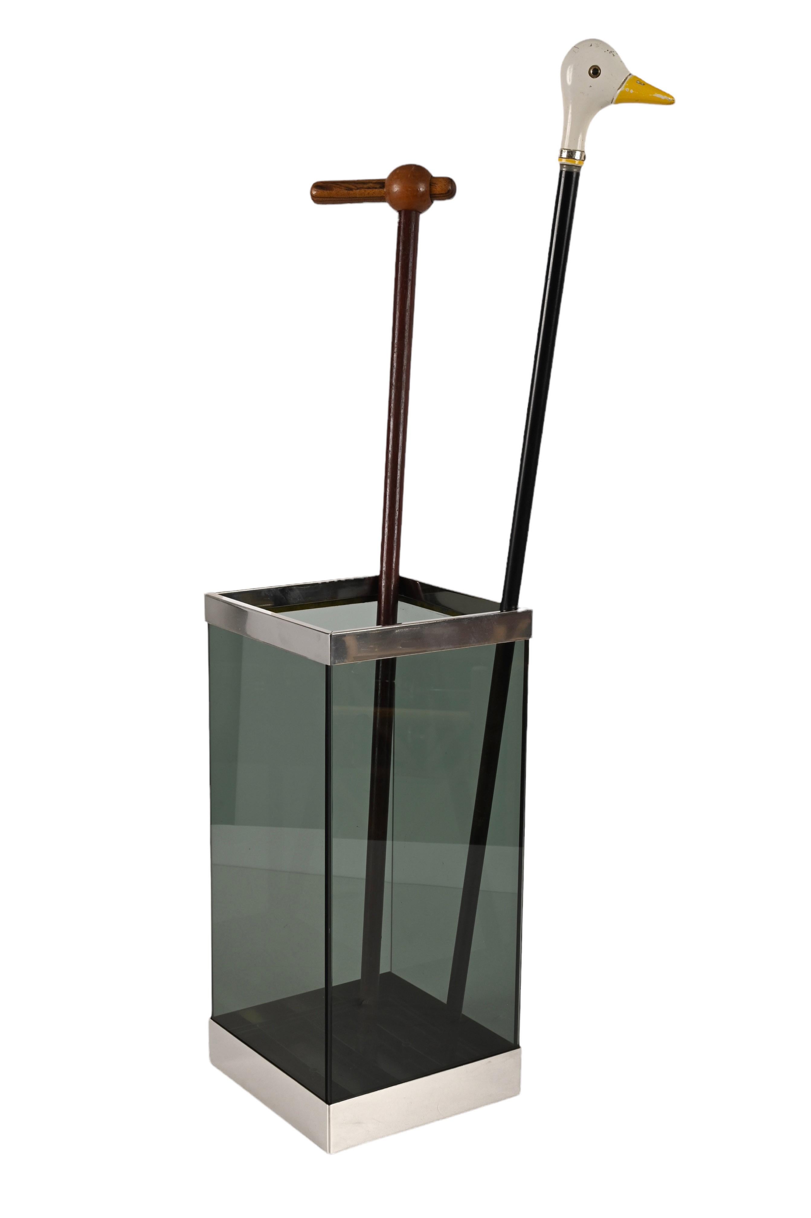 Midcentury Glass and Chrome Italian Umbrella Stand in Willy Rizzo Style, 1970s For Sale 7
