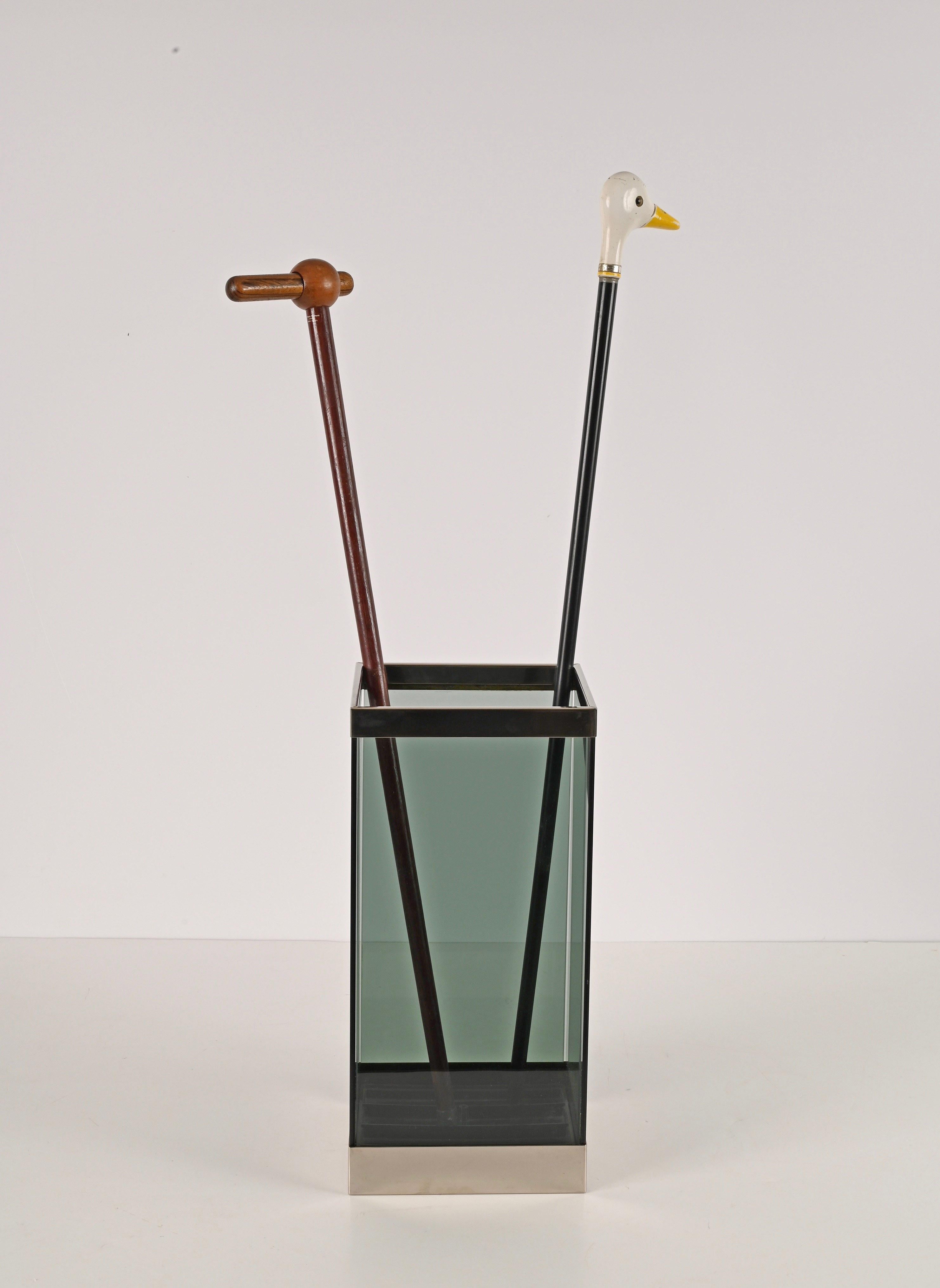 Midcentury Glass and Chrome Italian Umbrella Stand in Willy Rizzo Style, 1970s For Sale 8