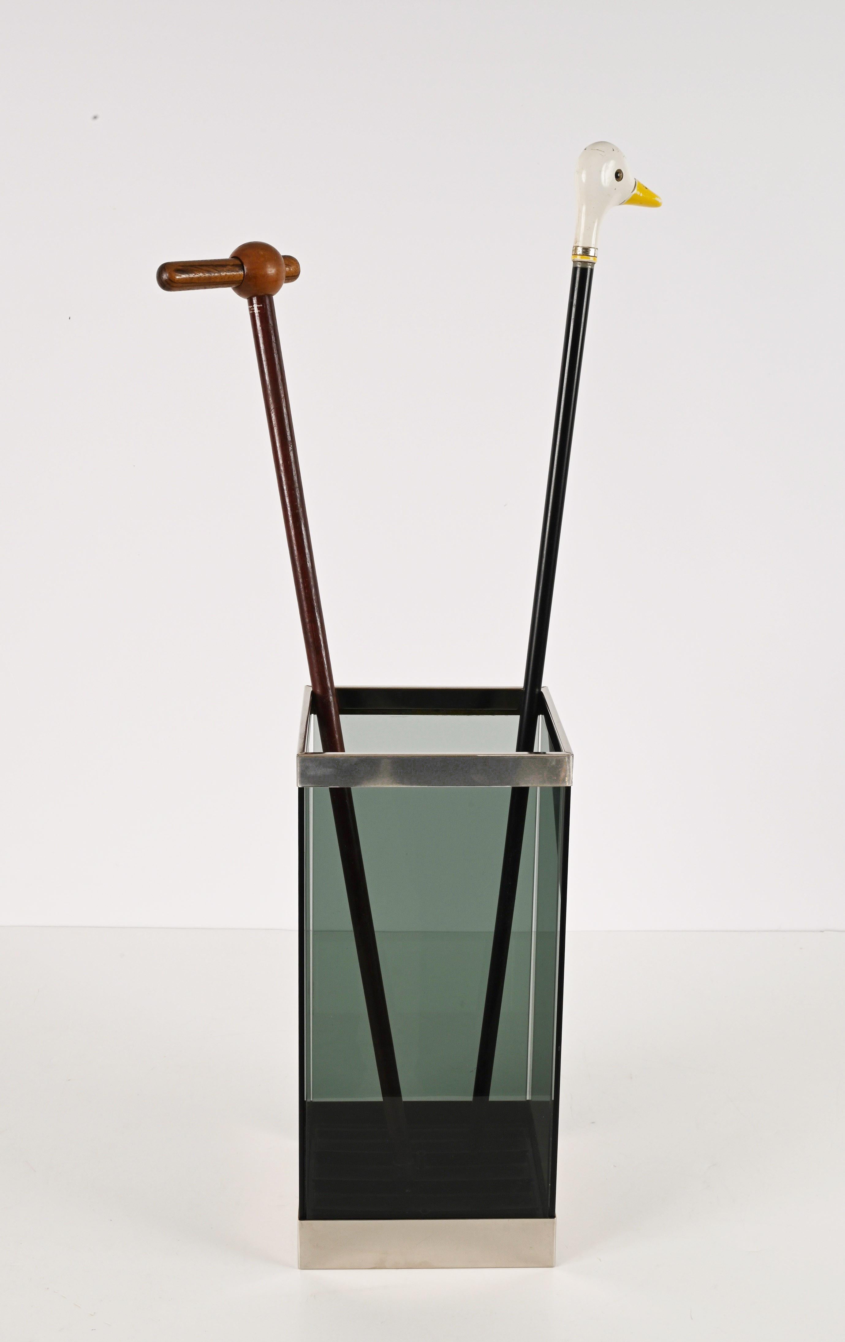 Midcentury Glass and Chrome Italian Umbrella Stand in Willy Rizzo Style, 1970s For Sale 9