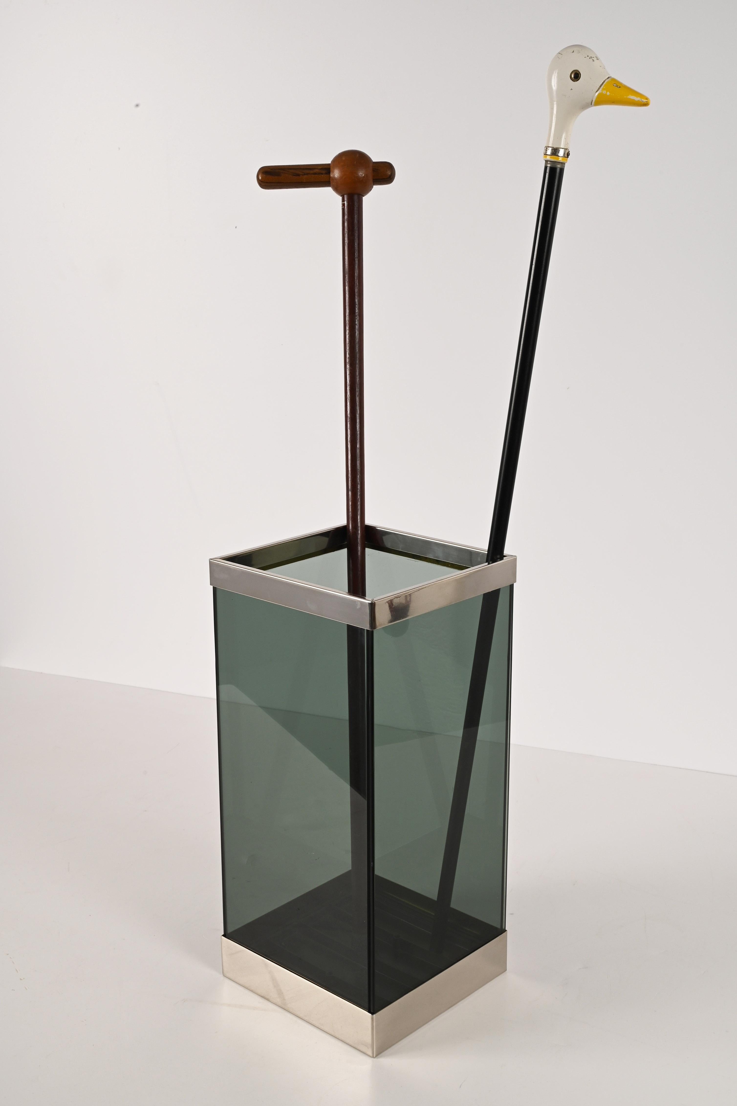 Midcentury Glass and Chrome Italian Umbrella Stand in Willy Rizzo Style, 1970s For Sale 10