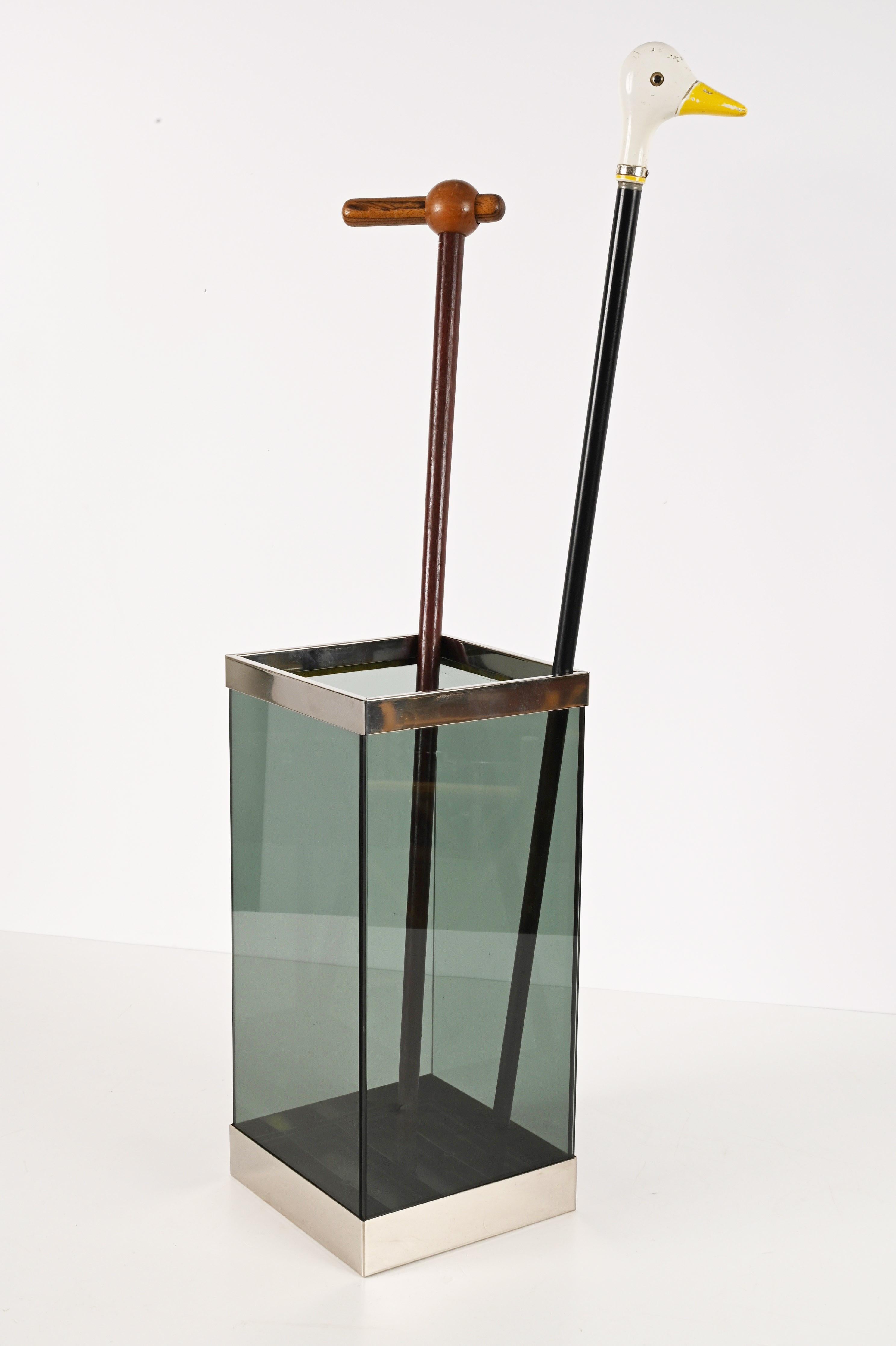 Midcentury Glass and Chrome Italian Umbrella Stand in Willy Rizzo Style, 1970s For Sale 2
