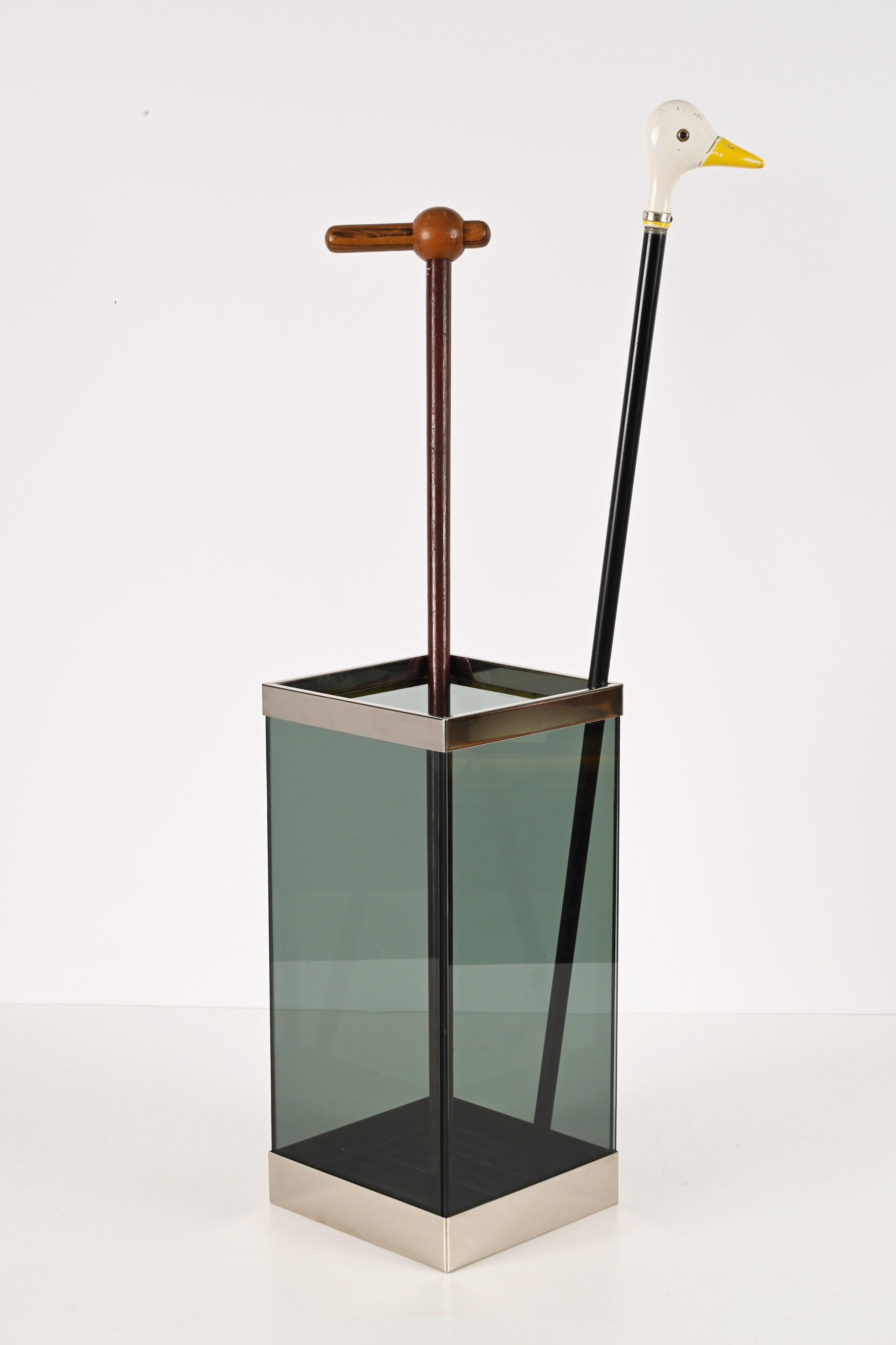 Midcentury Glass and Chrome Italian Umbrella Stand in Willy Rizzo Style, 1970s For Sale 3