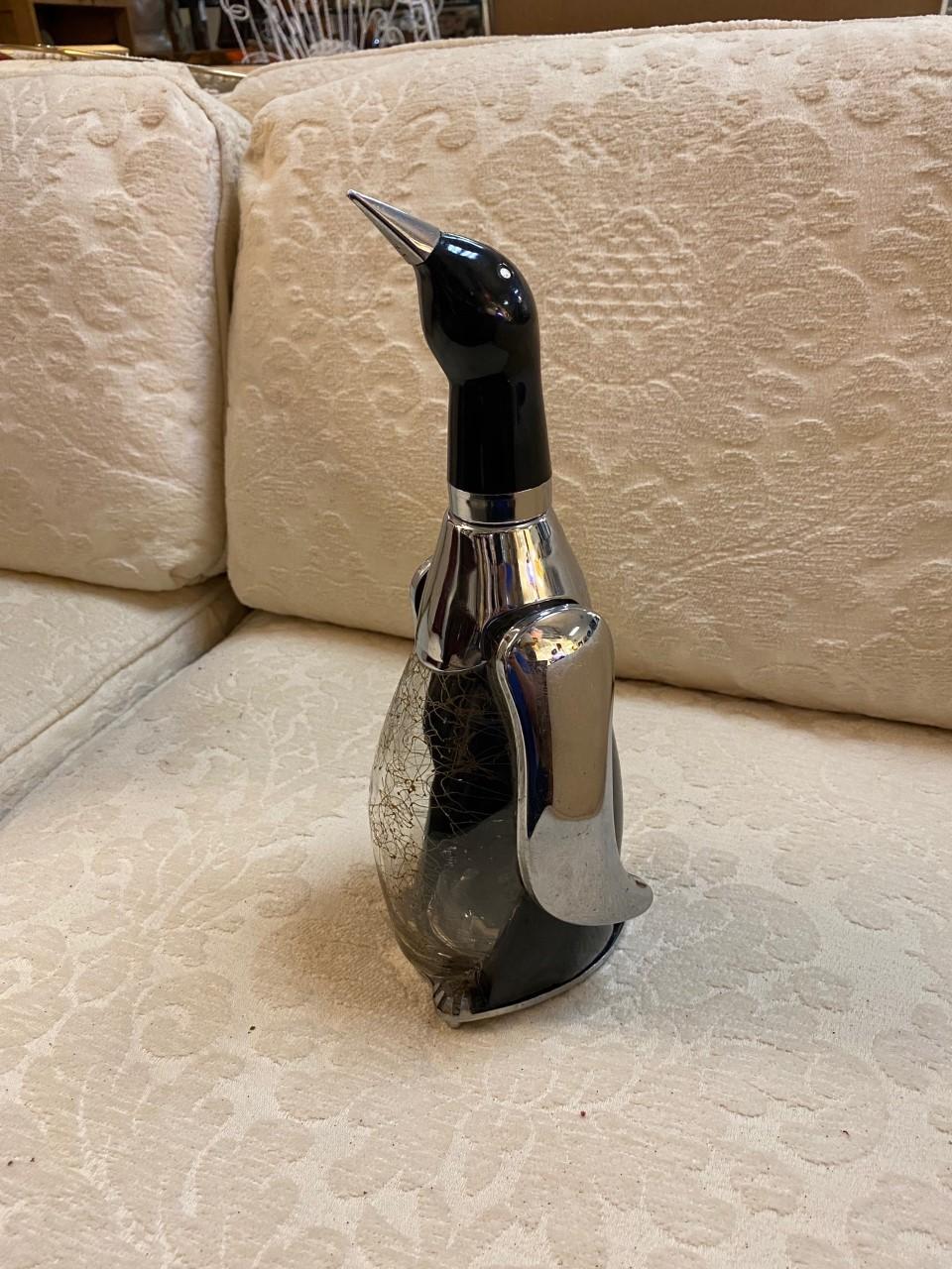 Mid-20th Century MidCentury Glass and Chrome Penguin Sculpture Decanter and Music Box