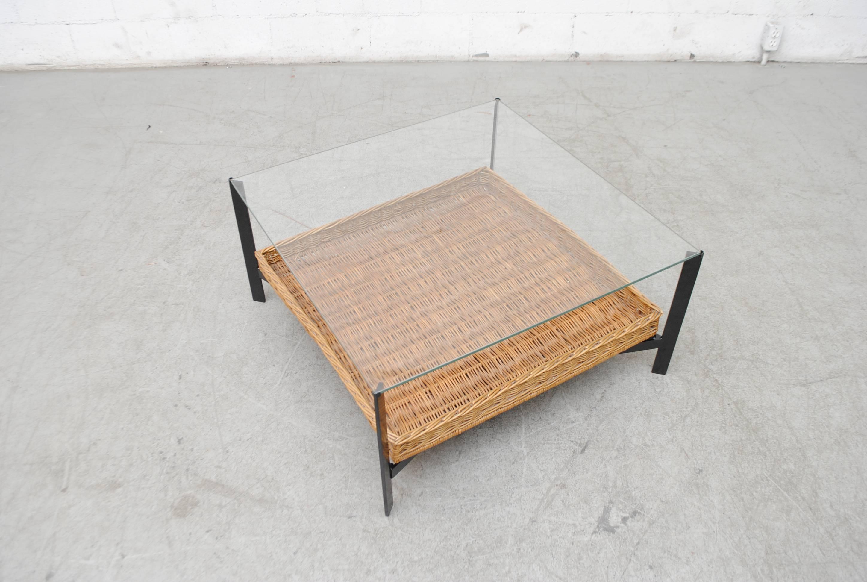 Mid-Century Modern Midcentury Glass and Rattan Coffee Table