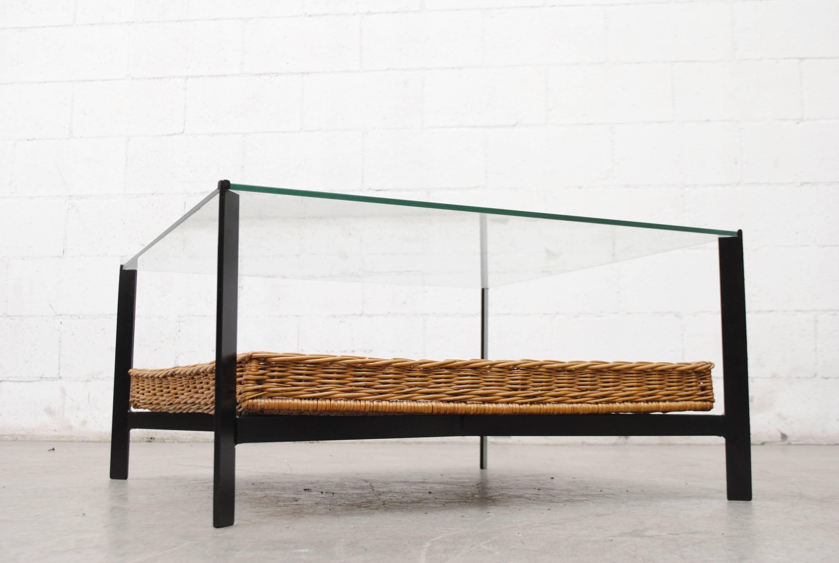 European Midcentury Glass and Rattan Coffee Table