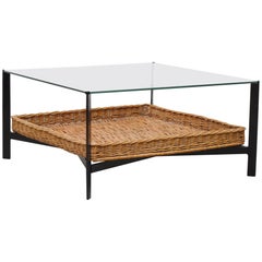 Midcentury Glass and Rattan Coffee Table