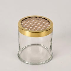 Midcentury Glass and Vienna Straw Wicker Italian Box 1970s Christian Dior Style