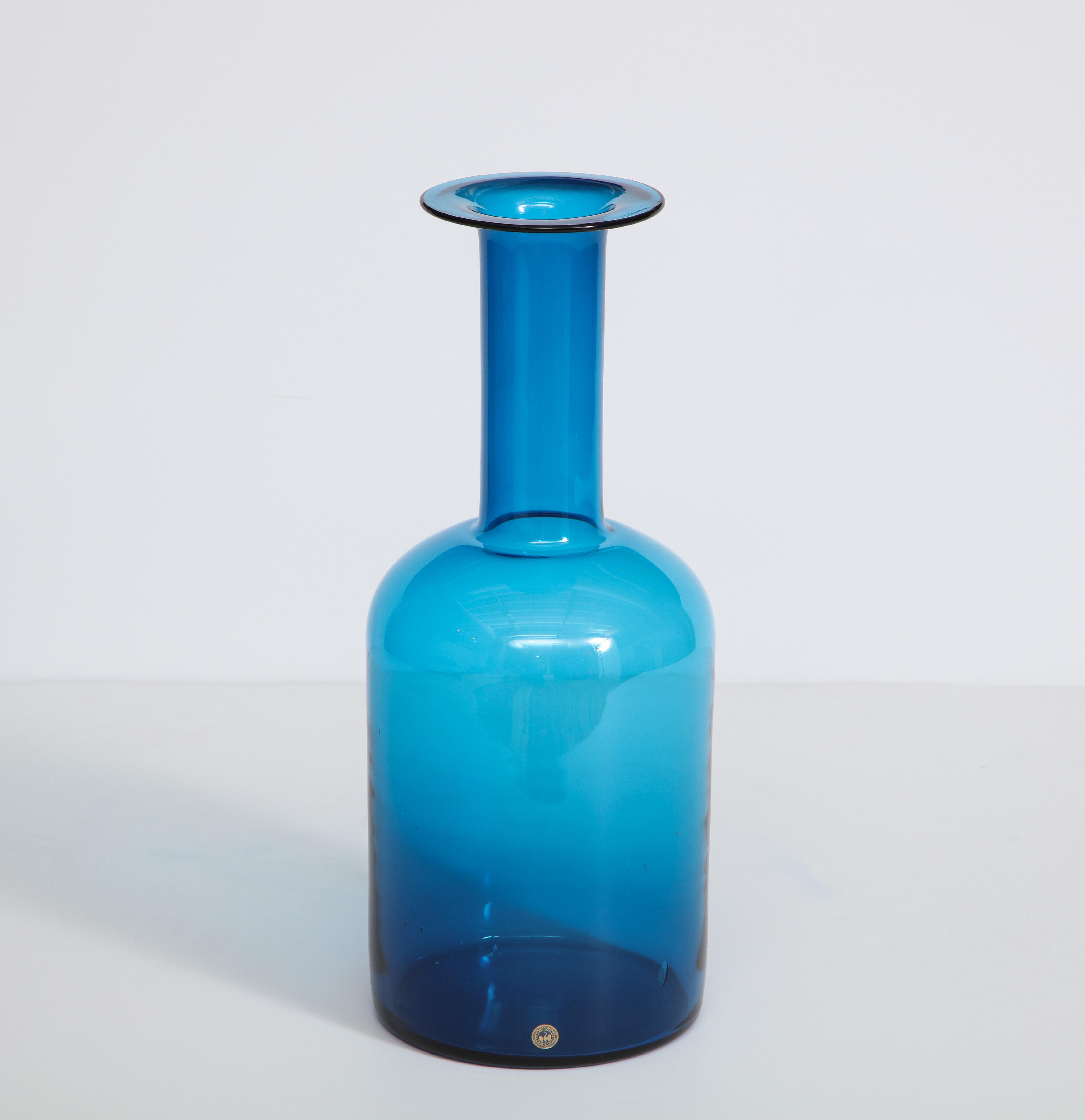 Midcentury Blue Glass Bottle by Holmegaard, Denmark 3