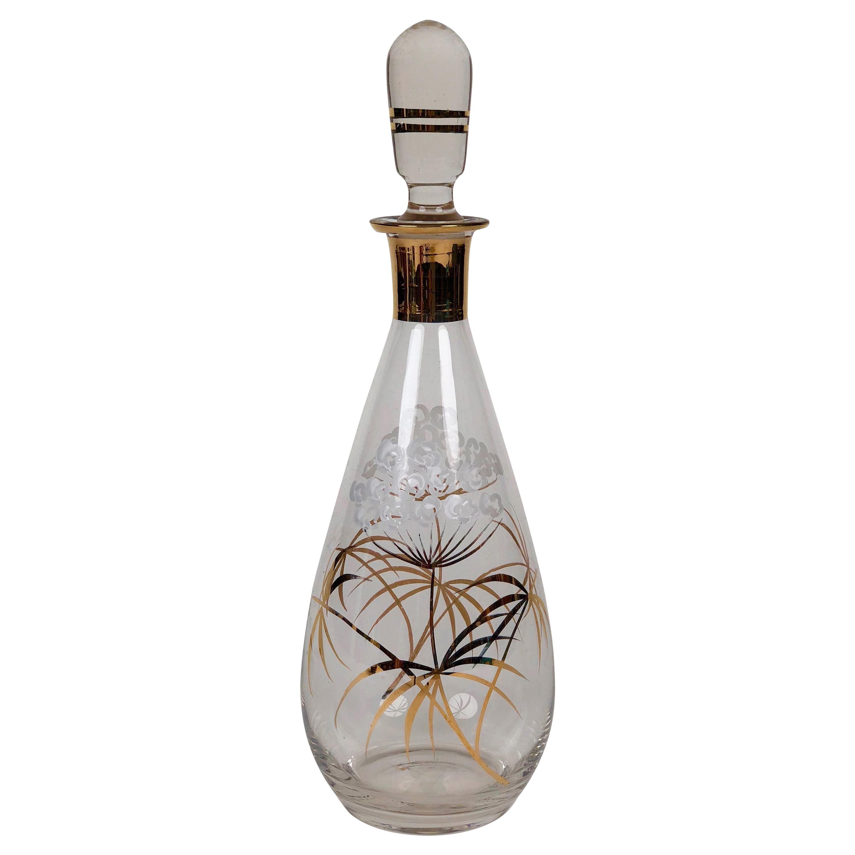 Midcentury Glass Carafe with Hand Painted Floral Pattern in Cabana Style For Sale