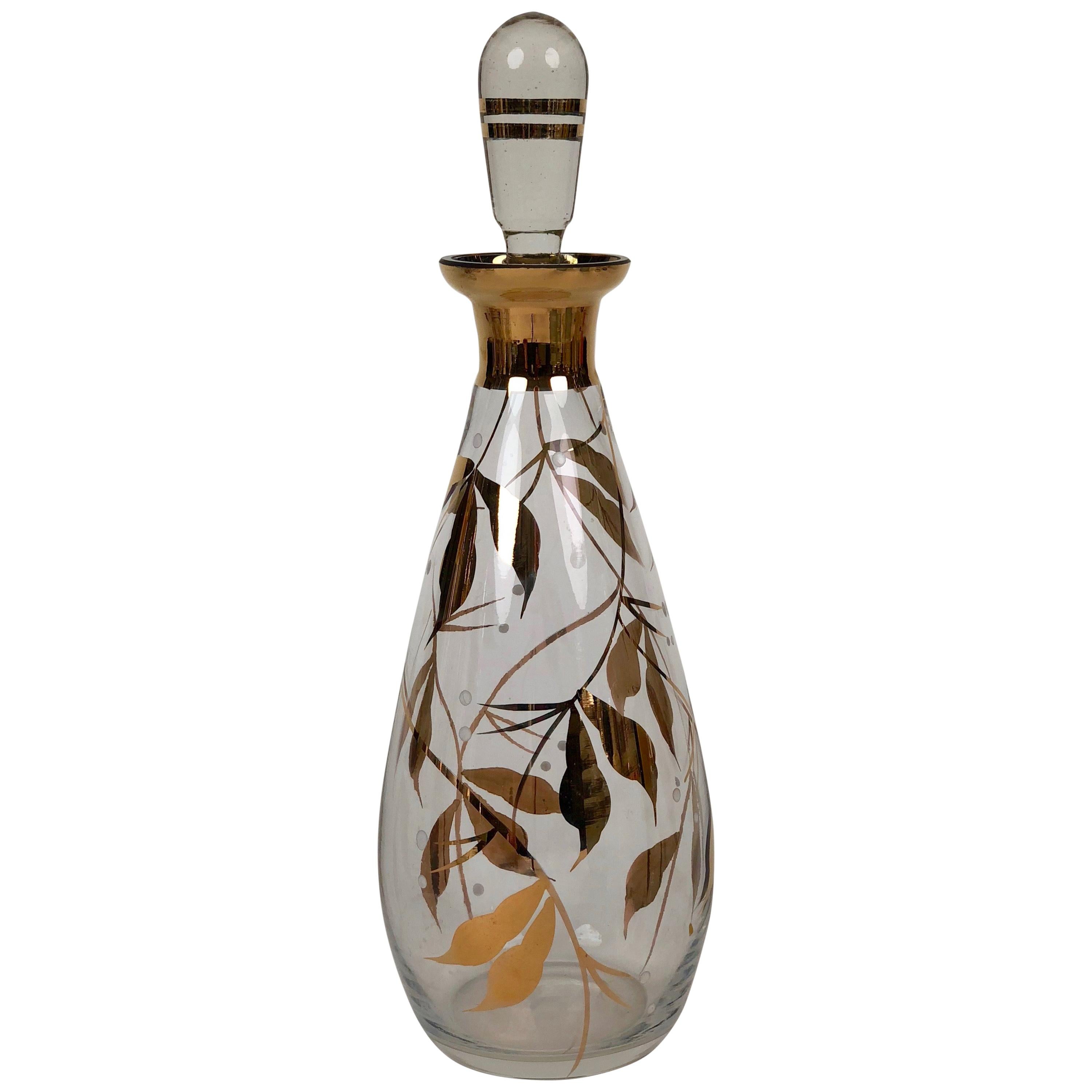 Midcentury Glass Carafe with Hand Painted Floral Pattern in Cabana Style For Sale