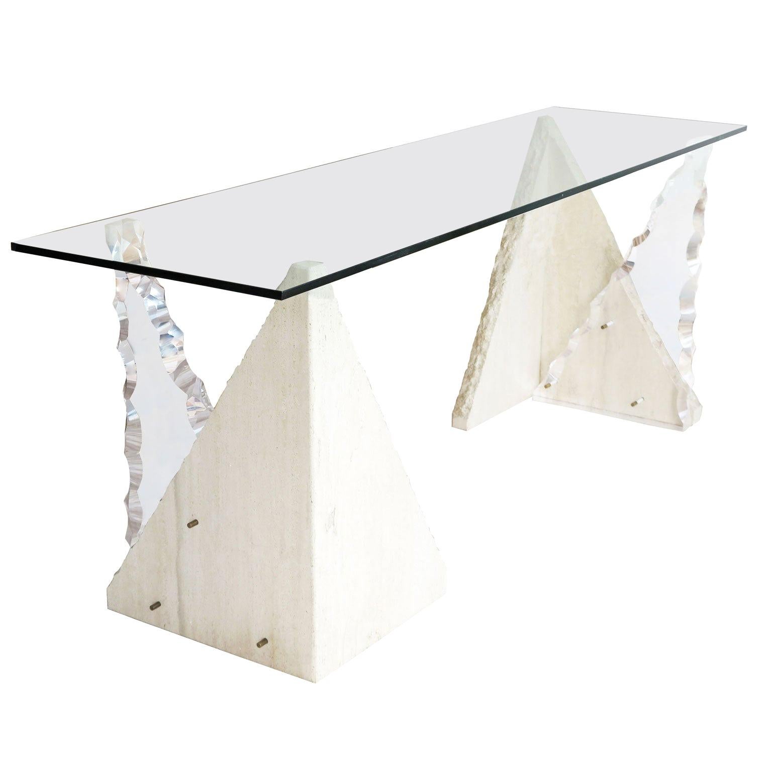 Midcentury Glass Console Table with Limestone and Lucite Bases