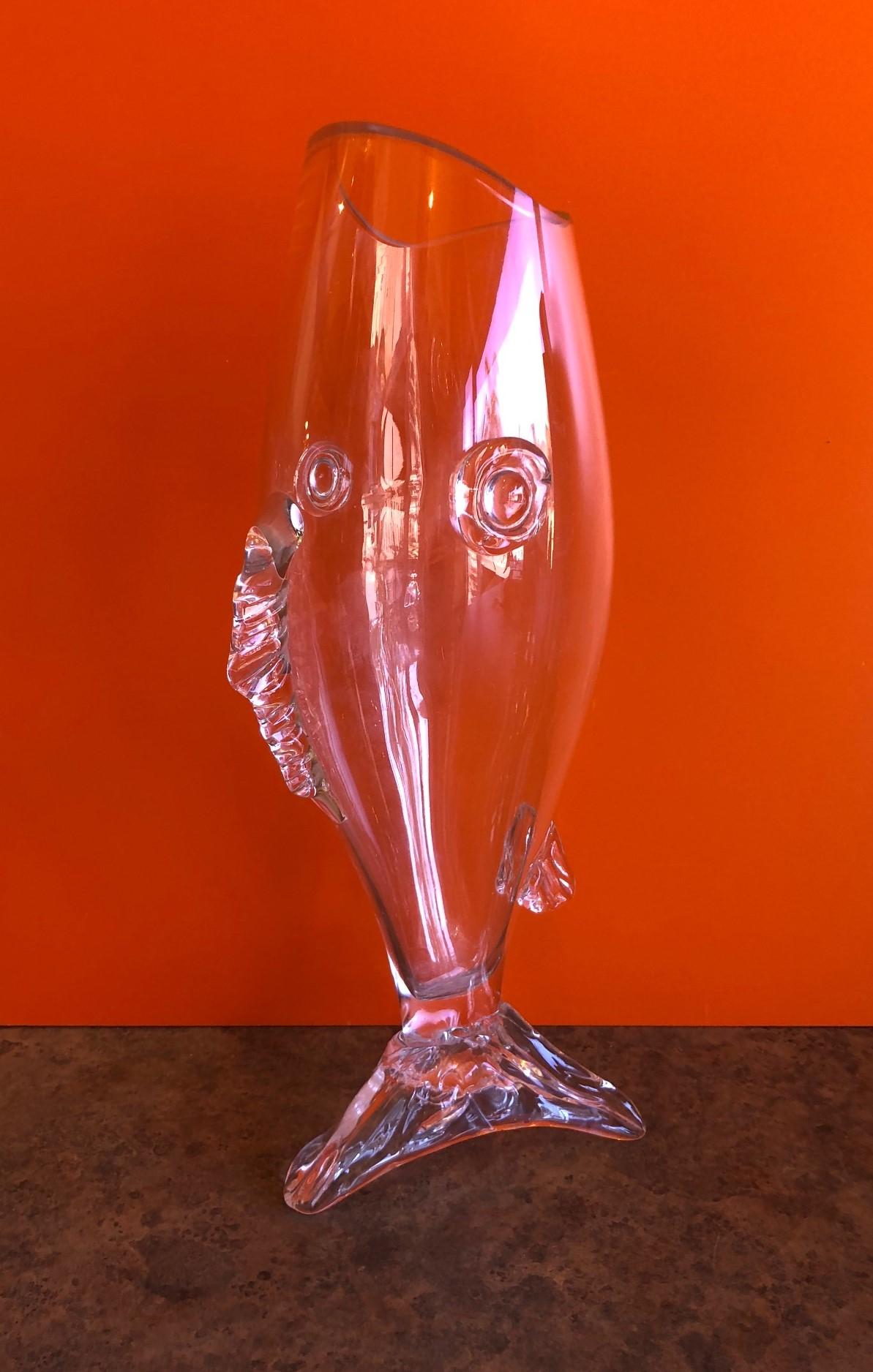 Fun midcentury glass fish vase by Blenko, circa 1970s. The vase is 15.25