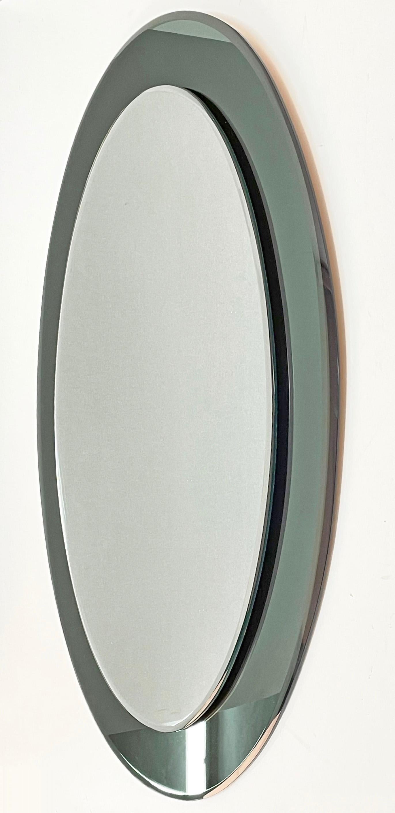 Midcentury Glass Framed Oval Wall Mirror Attributed to Cristal Art, Italy, 1960s 3