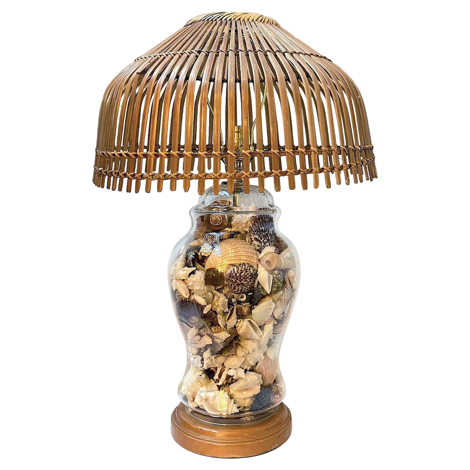 Midcentury Glass Lamp with Bamboo Shade For Sale