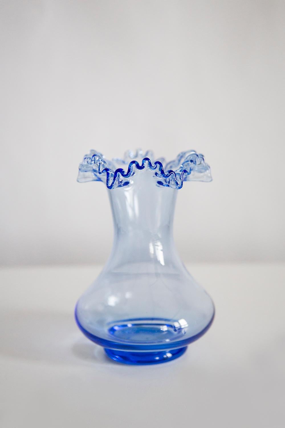 Hand-Painted Midcentury Glass Light Blue Vase with a Frill, Europe, 1960s For Sale