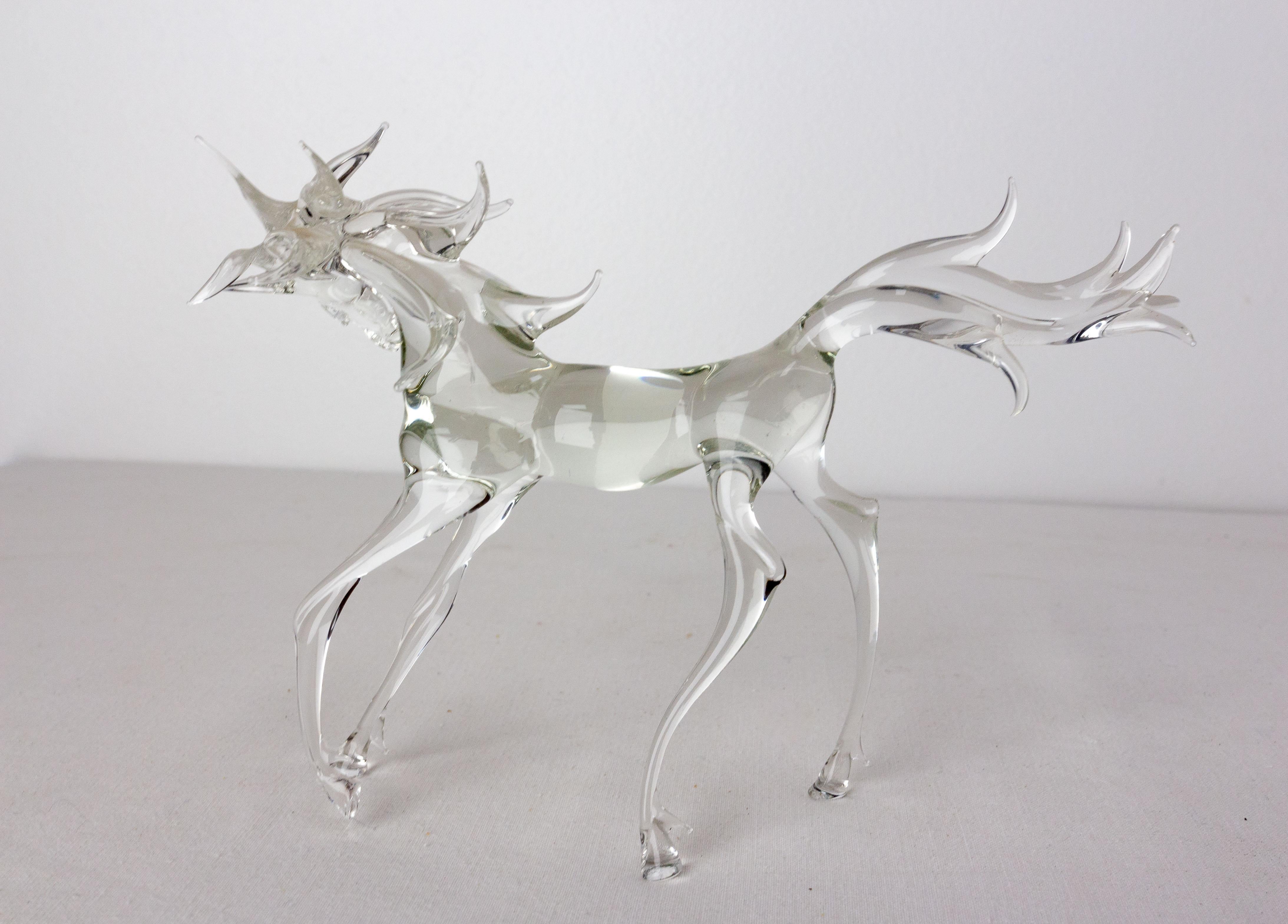 1960s glass Horse Murano Venici, Italy
The sculptor knew how to make all the fiery character of the horse in his glass creation which makes it a remarkable work, both realistic and fantastic.

Shipping: 
L19 P6 H13.5 0.2 KG.