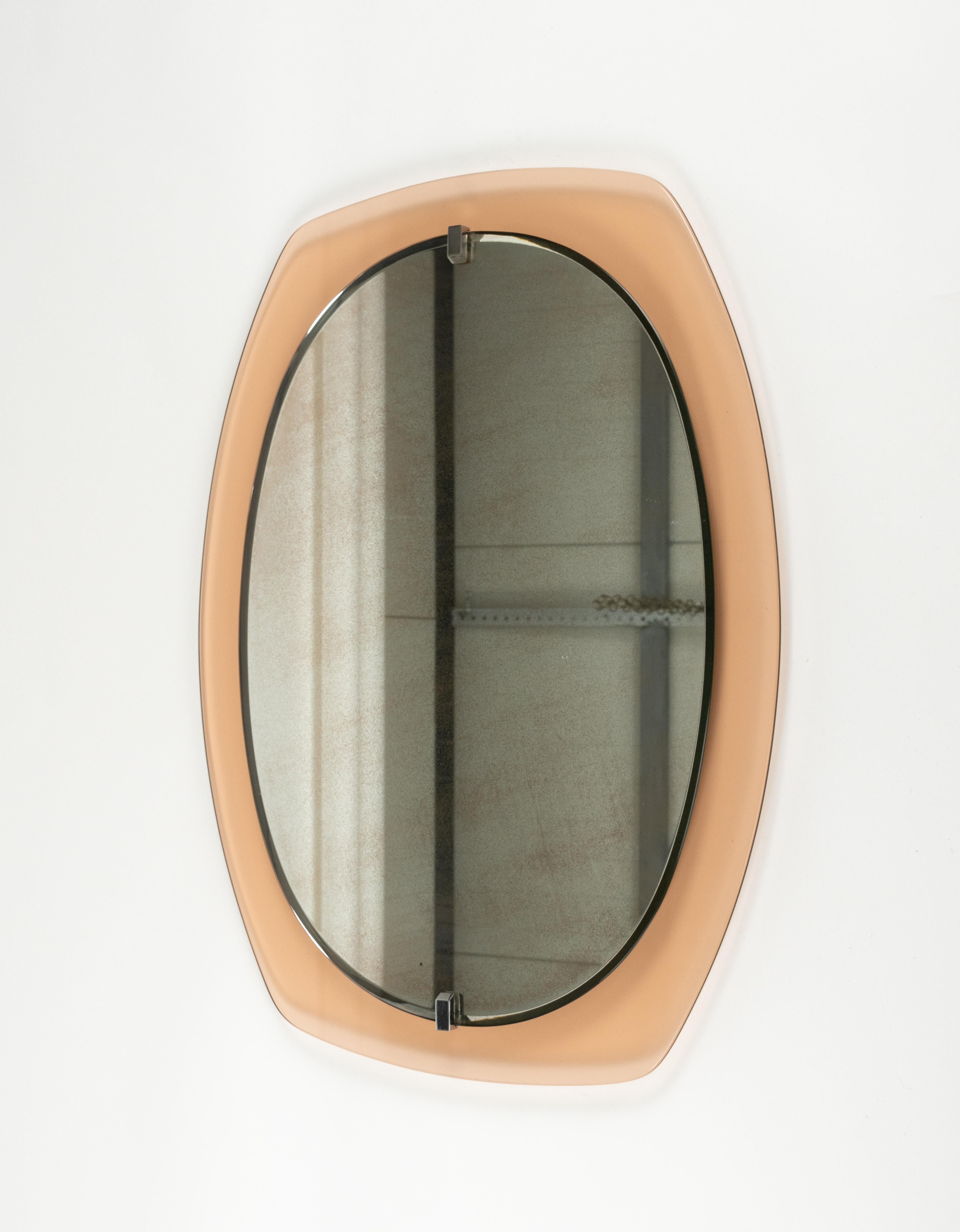 Midcentury Glass Pink Oval Wall Mirror by Veca, Italy 1970s For Sale 3