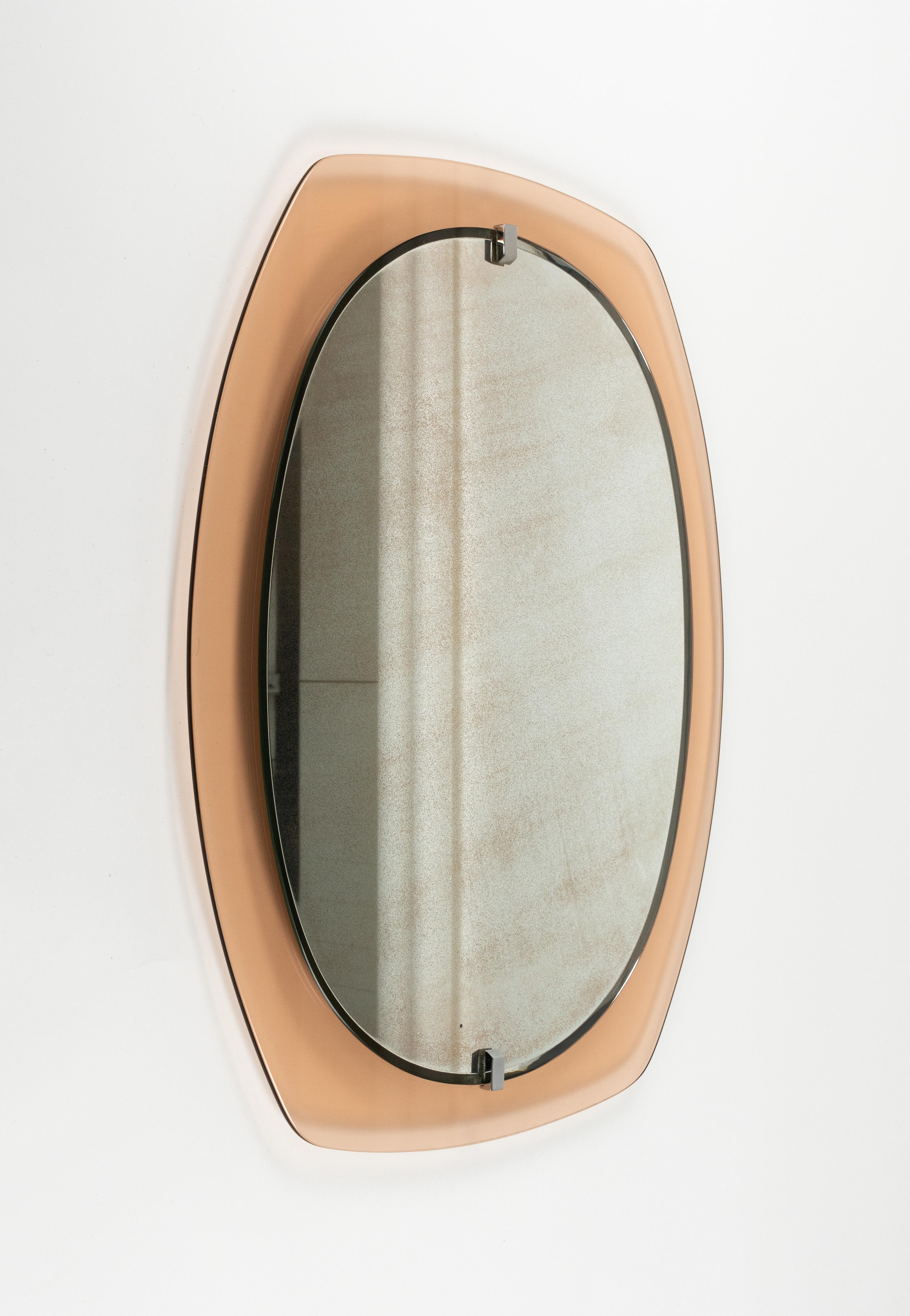 Midcentury Glass Pink Oval Wall Mirror by Veca, Italy 1970s For Sale 8